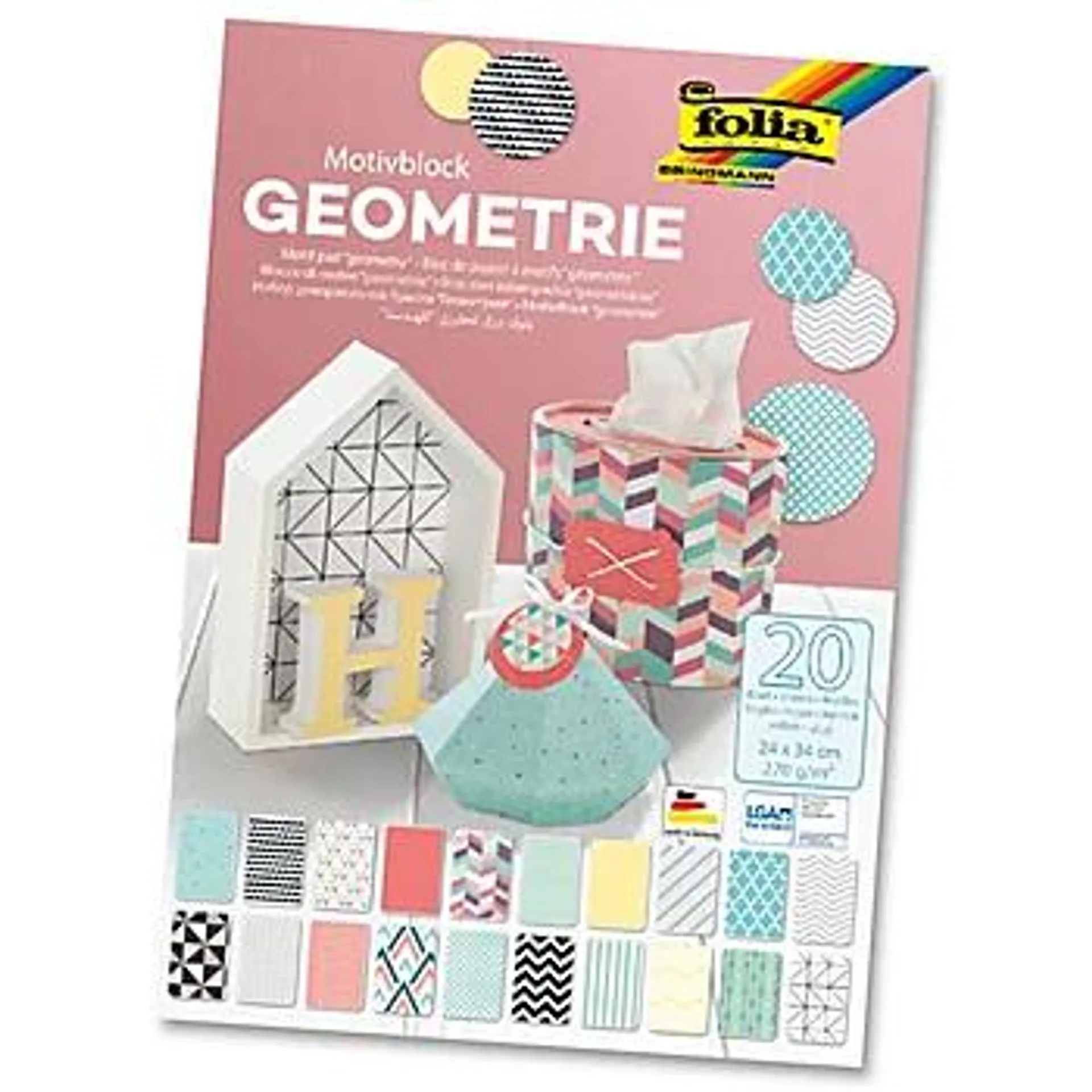 folia Papierblock "Geometrie", mint-koralle-gelb, 24 x 34 cm, 20 Blatt