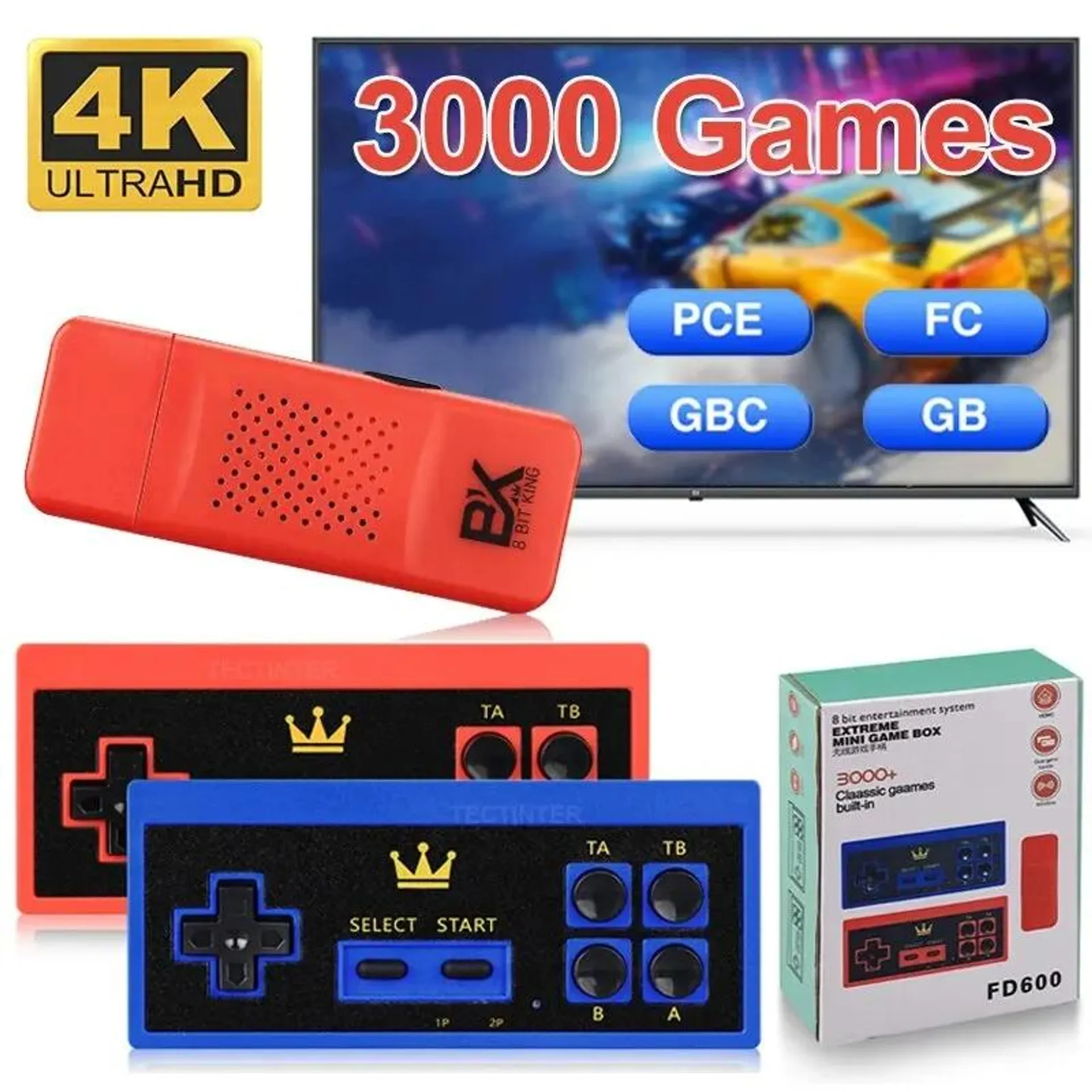 8 Bit Video Game Console HD TV Retro Handheld Game Player Built-in 3000 Games 4K Game Stick For PCE/FC/GBC/GB Wireless Gamepad