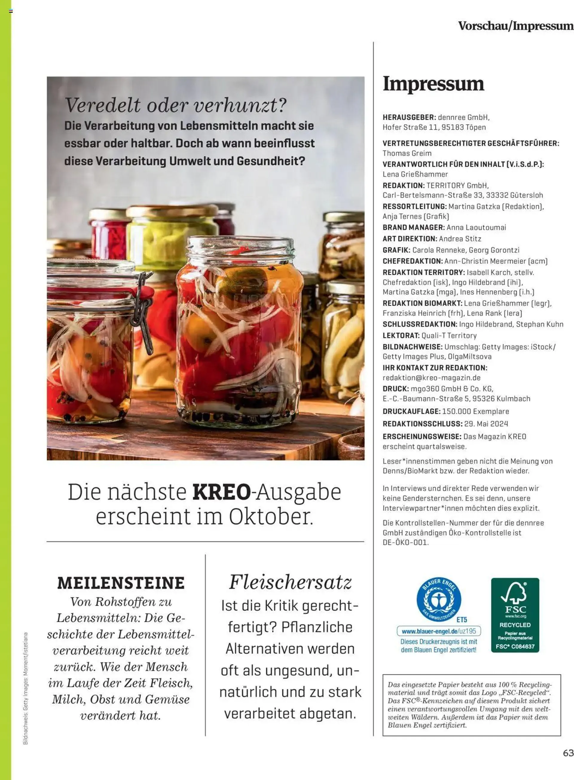 Denns BioMarkt KREO Magazin von 16. Juli bis 31. Dezember 2024 - Flugblätt seite  63