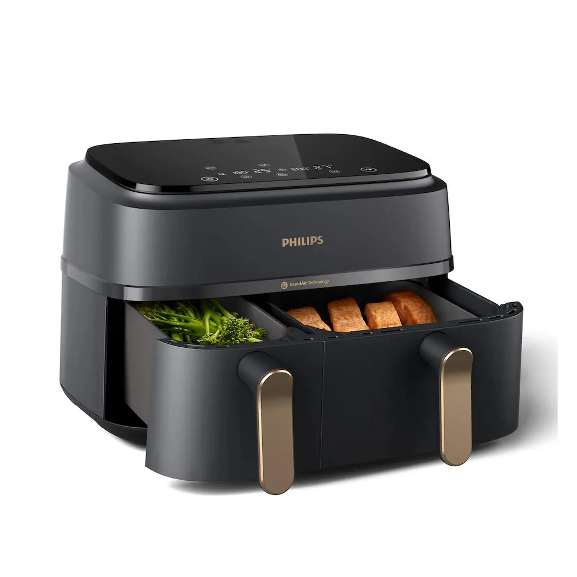 Philips Heißluftfritteuse »3000 Series NA352/00, Dual Basket Airfryer mit 9L Kapazität (3L+6L),«, 2750 W, RapidAir Technologie, Digitales Display, HomeID App; Schwarz/Kupfer