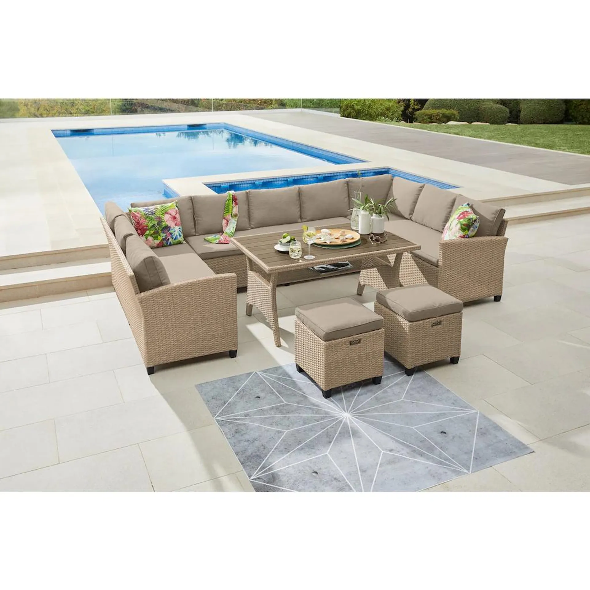 KONIFERA Gartenlounge-Set »Rotterdam«, (Set, 20 tlg., 3x 3er Sofa, 2x Hocker, 1x Tisch 120x82x67cm, inkl. Auflagen), Polyrattan, Stahl, Tischplatte aus Nonwood