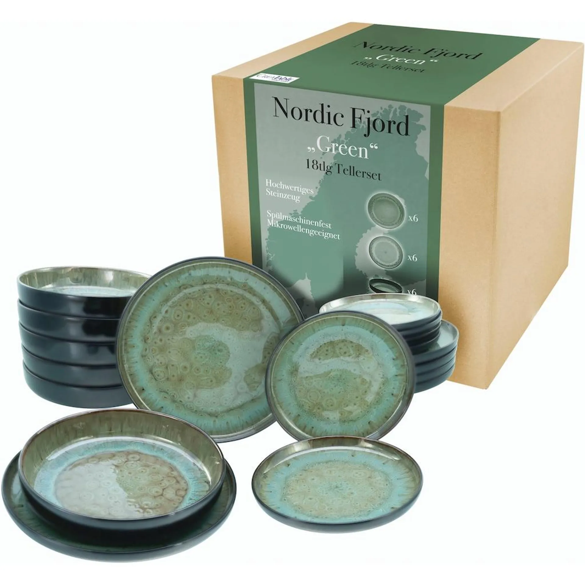 CreaTable Teller-Set »Nordic Fjord«, (Set, 18 tlg.), je 6 Speiseteller 26 cm, Suppenteller 22,5 cm, Dessertteller 19,5 cm