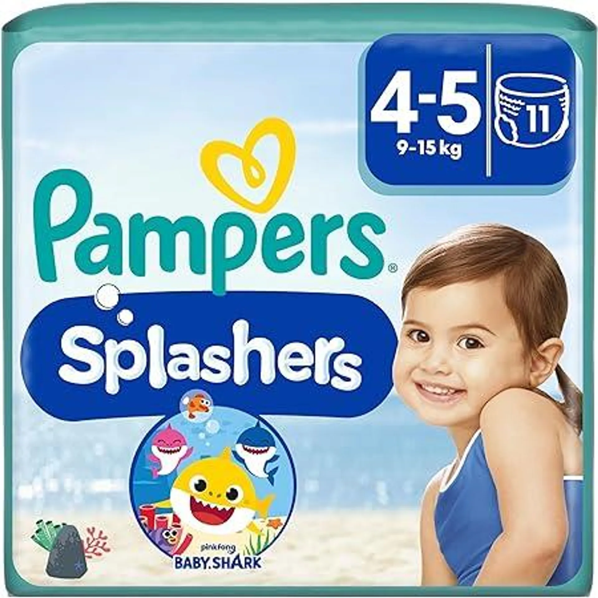 Pampers Windeln Größe 4-5, Splashers Baby Shark Limited Edition, 11 Stück, Einweg-Schwimmwindeln, für sicheren Schutz im Wasser