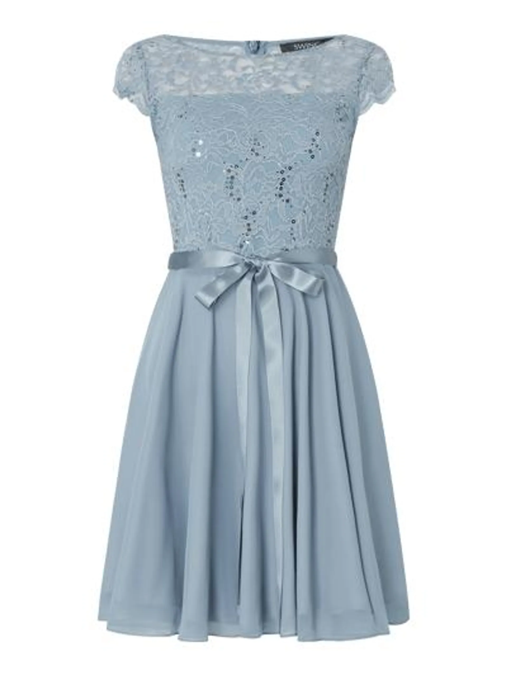 Cocktailkleid aus floraler Spitze und Chiffon in bleu