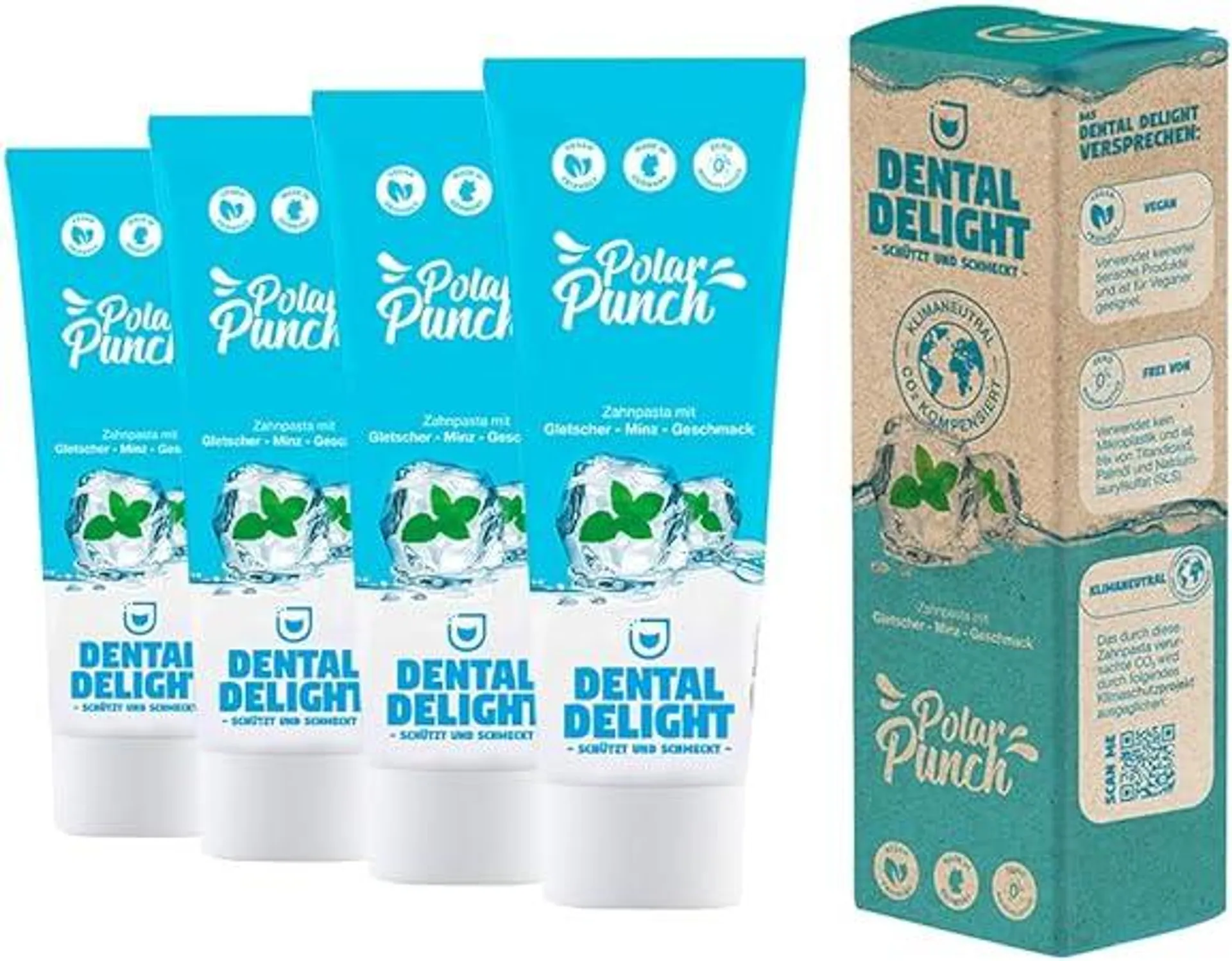 TESTSIEGER bei Stiftung Warentest (Note 1,2 SEHR GUT): DENTAL DELIGHT Polar Punch 4er-Pack Zahncreme Gletscher-Minze Vegan Klimaneutral Mikroplastik-frei