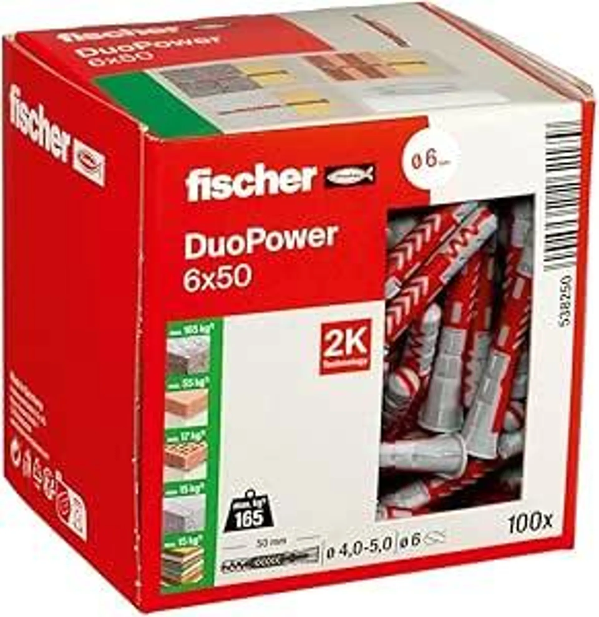 fischer DuoPower 6 x 50, Universaldübel, leistungsstarker 2-Komponenten-Dübel, Kunststoffdübel zur Befestigung in Beton, Ziegeln, Stein, Gipskarton uvm., ohne Schrauben, 100 Stück