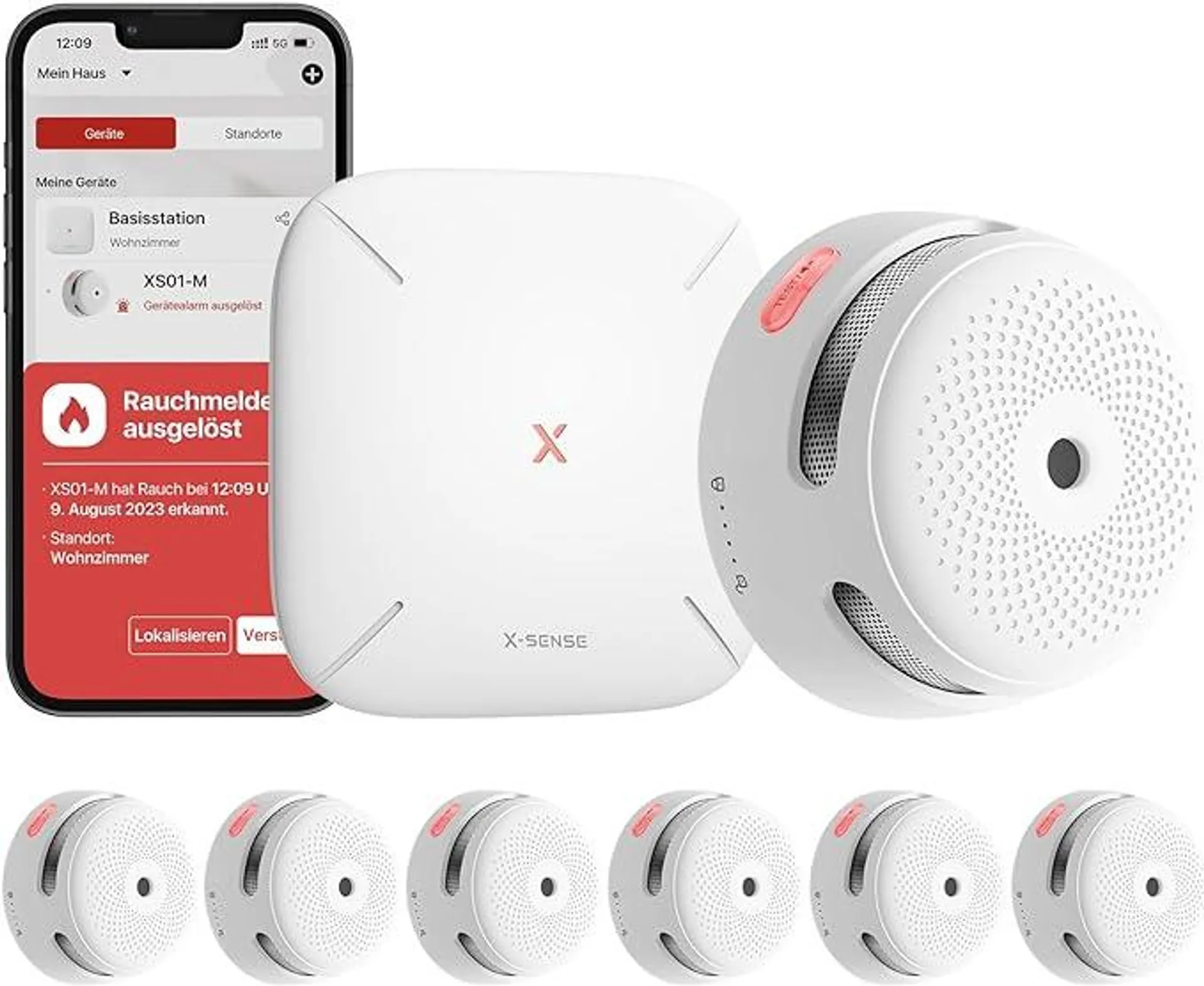 X-Sense Smart Rauchmelder XS01-M mit SBS50 Basisstation, TÜV Rheinland-Zertifiziert, Funkrauchmelder mit WLAN, vernetzbarer Feuermelder, kompatibel mit der X-Sense Home Security App, FS61, 6 Stück