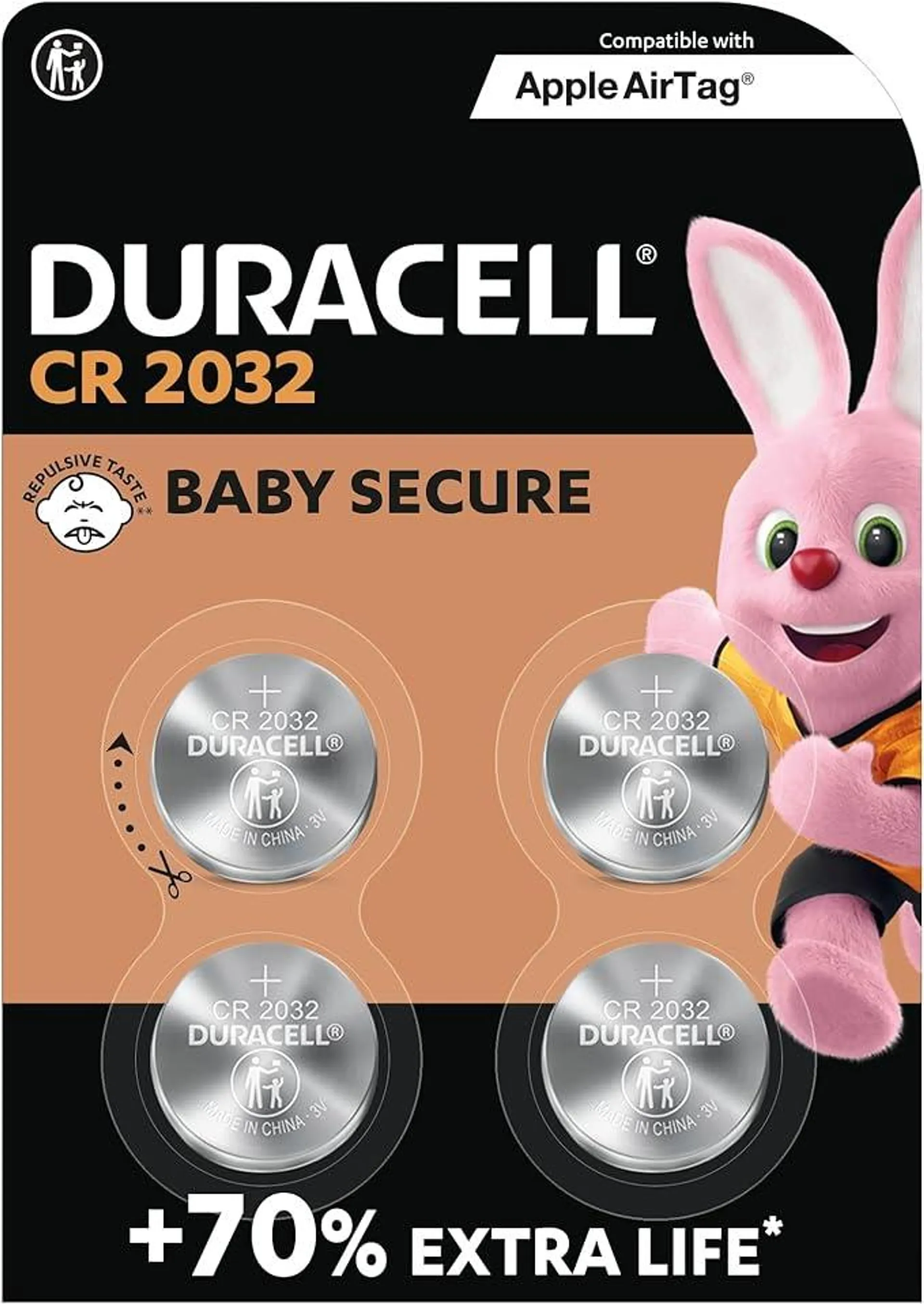 Duracell CR2032 Knopfzellen, CR 2032 Lithium Knopfzelle 3 V (4 Stück), ideal für z.B. Autoschlüssel, Waagen, Fitnesstracker, medizinische Geräte