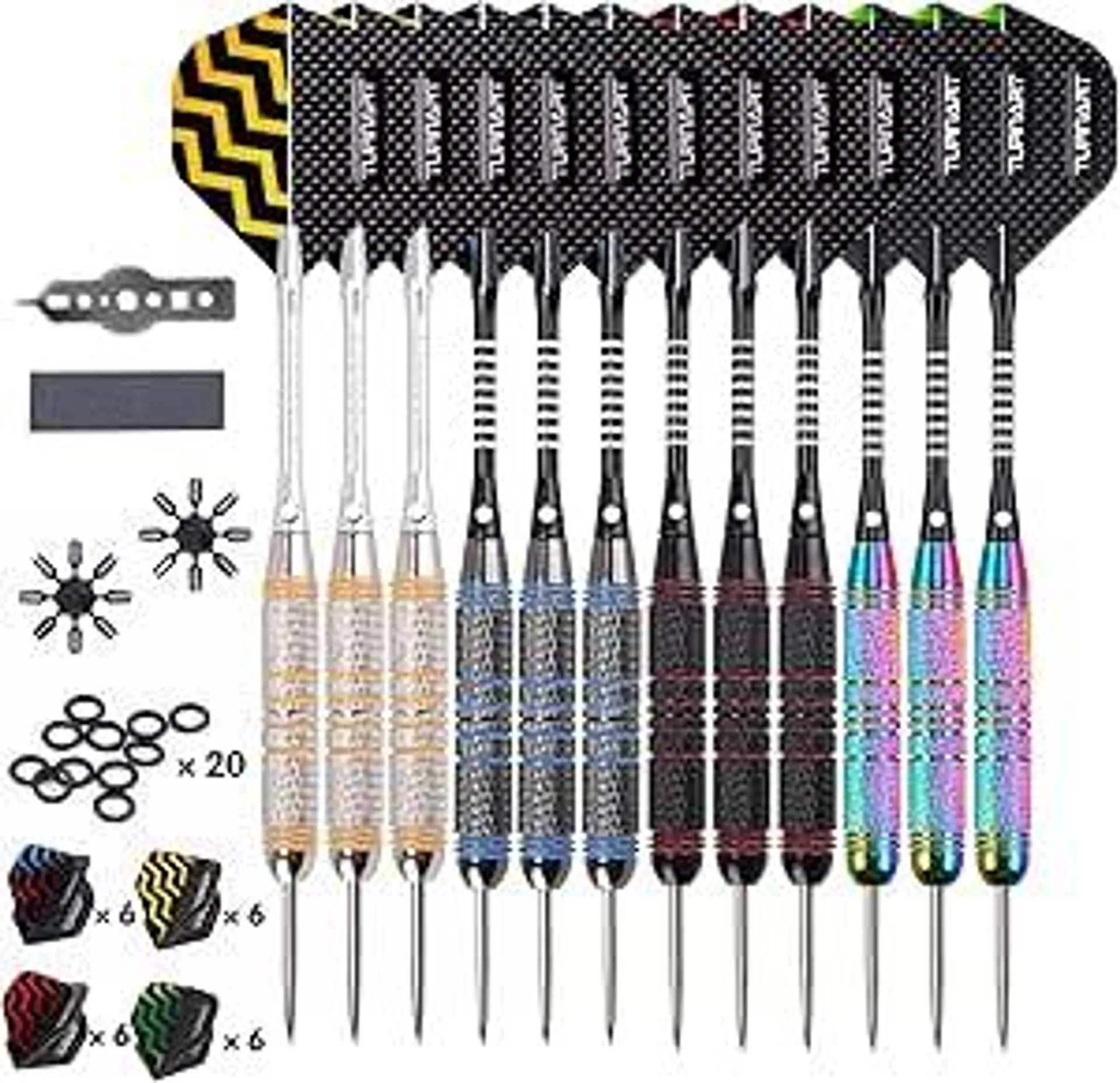 Turnart Dartpfeile Metallspitze -12 Stück 24 Gramm Profi Steel Darts Pfeile Dartpfeile Profi Dartpfeile Steel Set 12 Aluminium Schaft mit 24 Flights 20 Anti-Lose Gummiringe