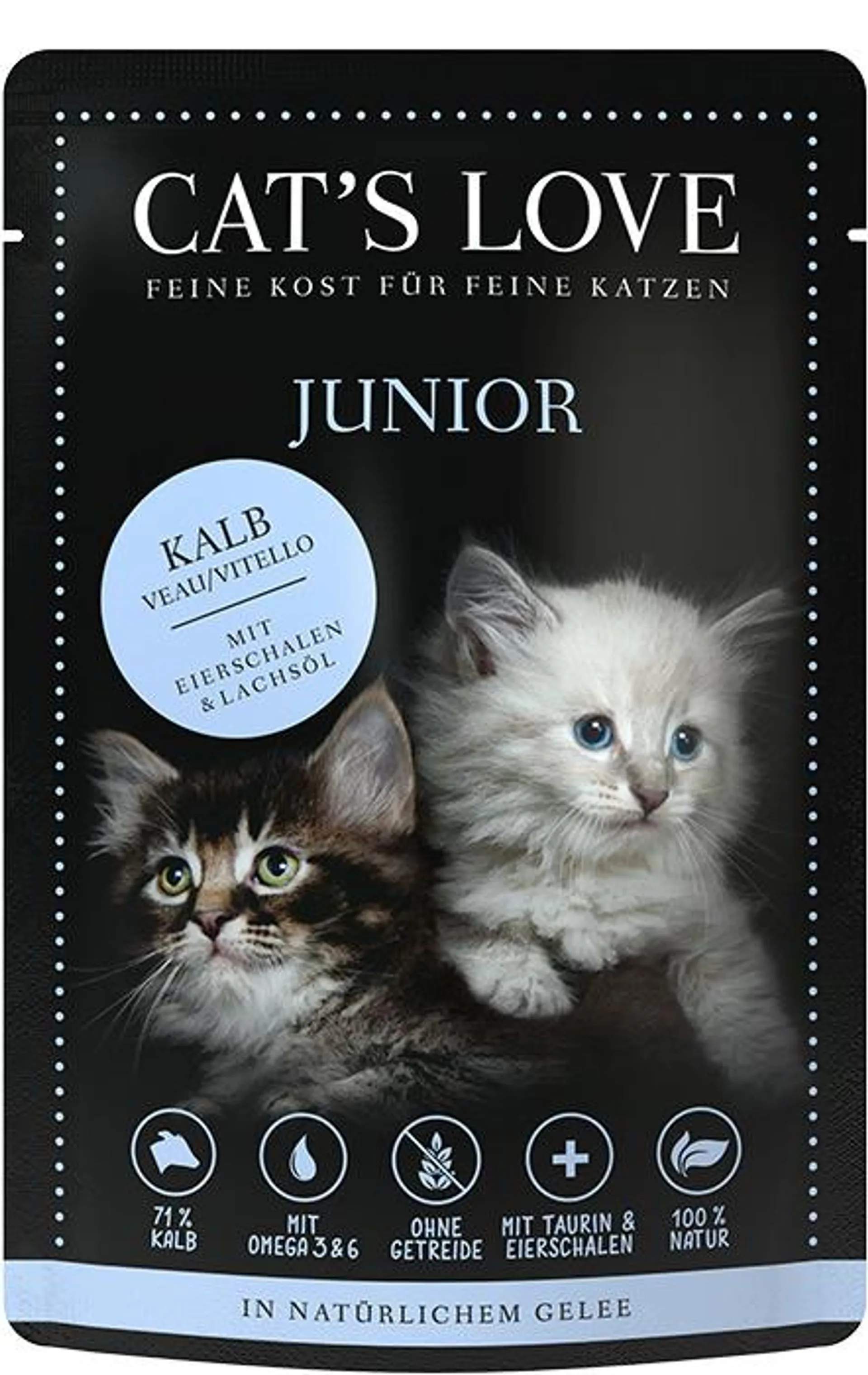 Sparpaket 24 x 85 g Cat's Love Junior Kalb pur mit Eierschalen & Lachsöl Katzen Nassfutter