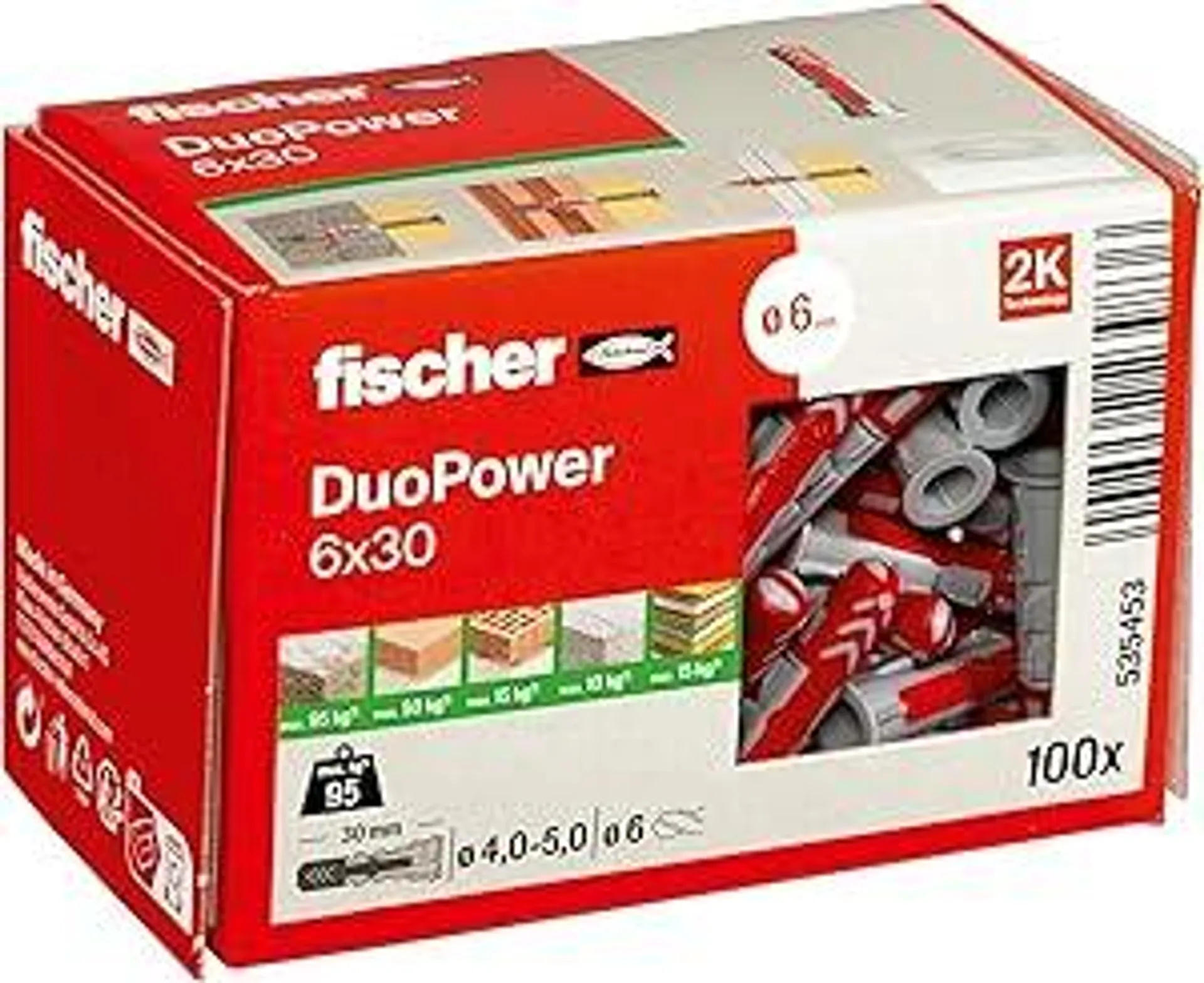 fischer DuoPower 6 x 30, Universaldübel, leistungsstarker 2-Komponenten-Dübel, Kunststoffdübel zur Befestigung in Beton, Ziegeln, Stein, Gipskarton uvm., ohne Schrauben, 100 Stück