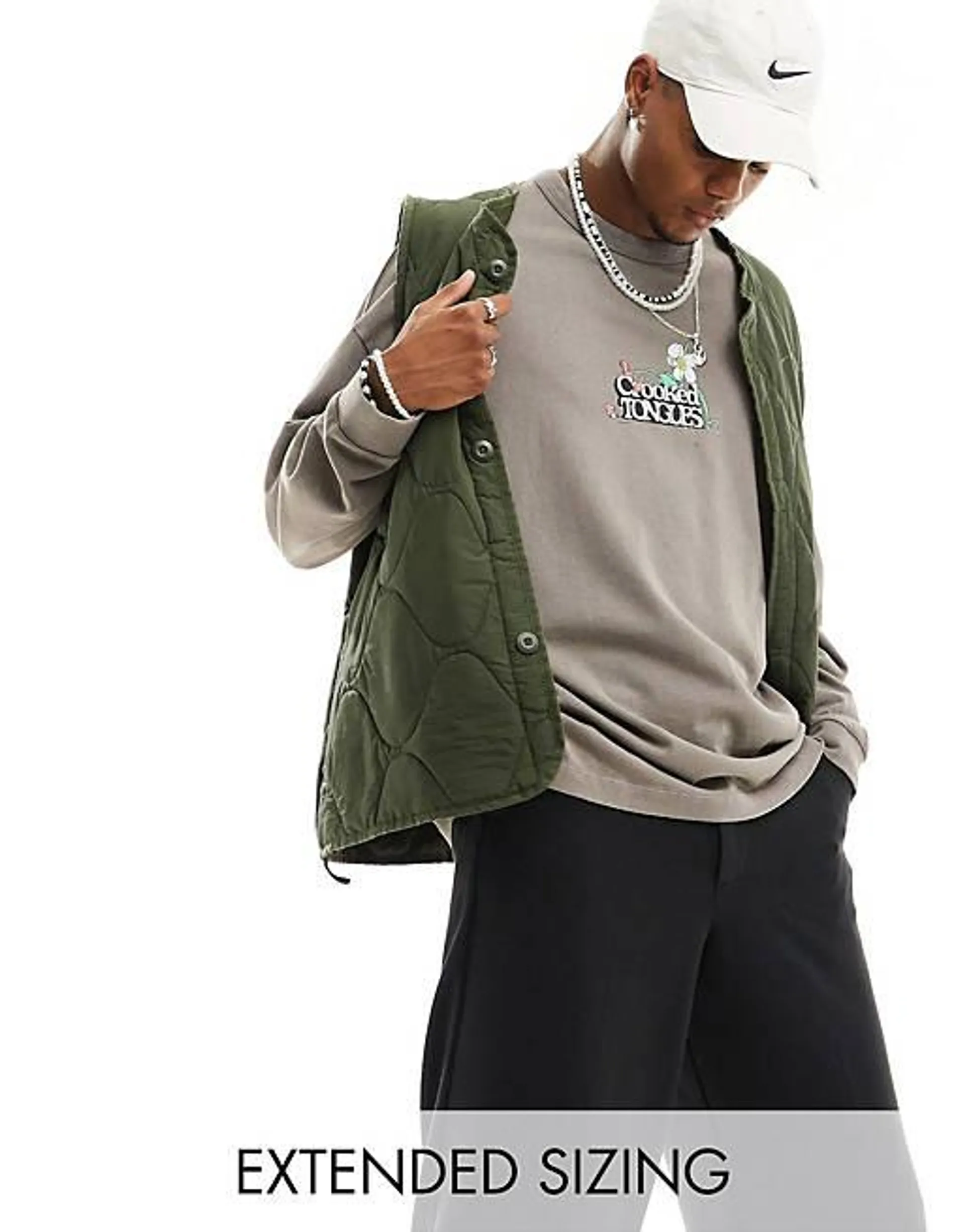 Crooked Tongues oversized heavyweight long sleeve washed t-shirt in grey with cartoon chest print