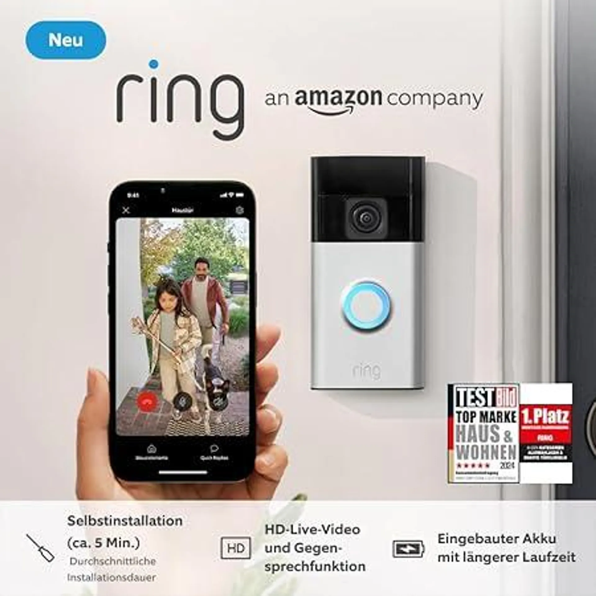 Die neue Ring Akku-Videotürklingel (Battery Video Doorbell) (2024) | WLAN-Videotürklingel-Sicherheitskamera, Selbstinstallation (in 5 Minuten) | mit eingebautem Akku I Privatsphäre-Einstellungen