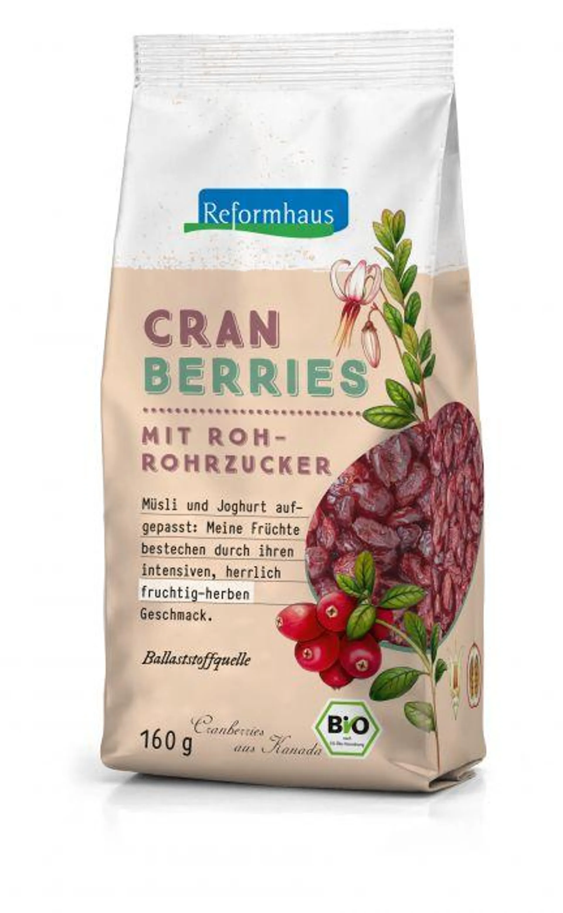 Reformhaus Cranberries, ganz, gesüßt, bio 160g