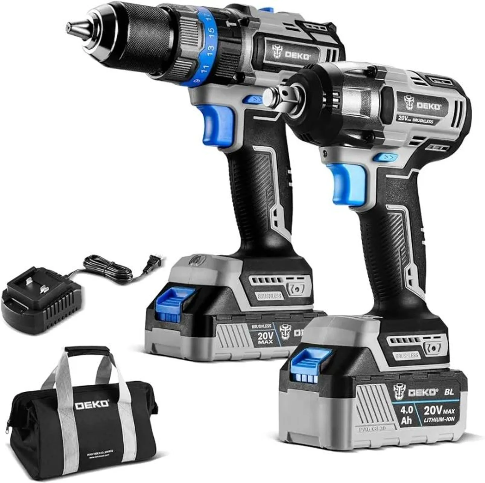 DEKOPRO Cordless Drill Combo Kit - 20V Max Brushless Impact Drill and Impact Wrench Cordless Power Tool Set