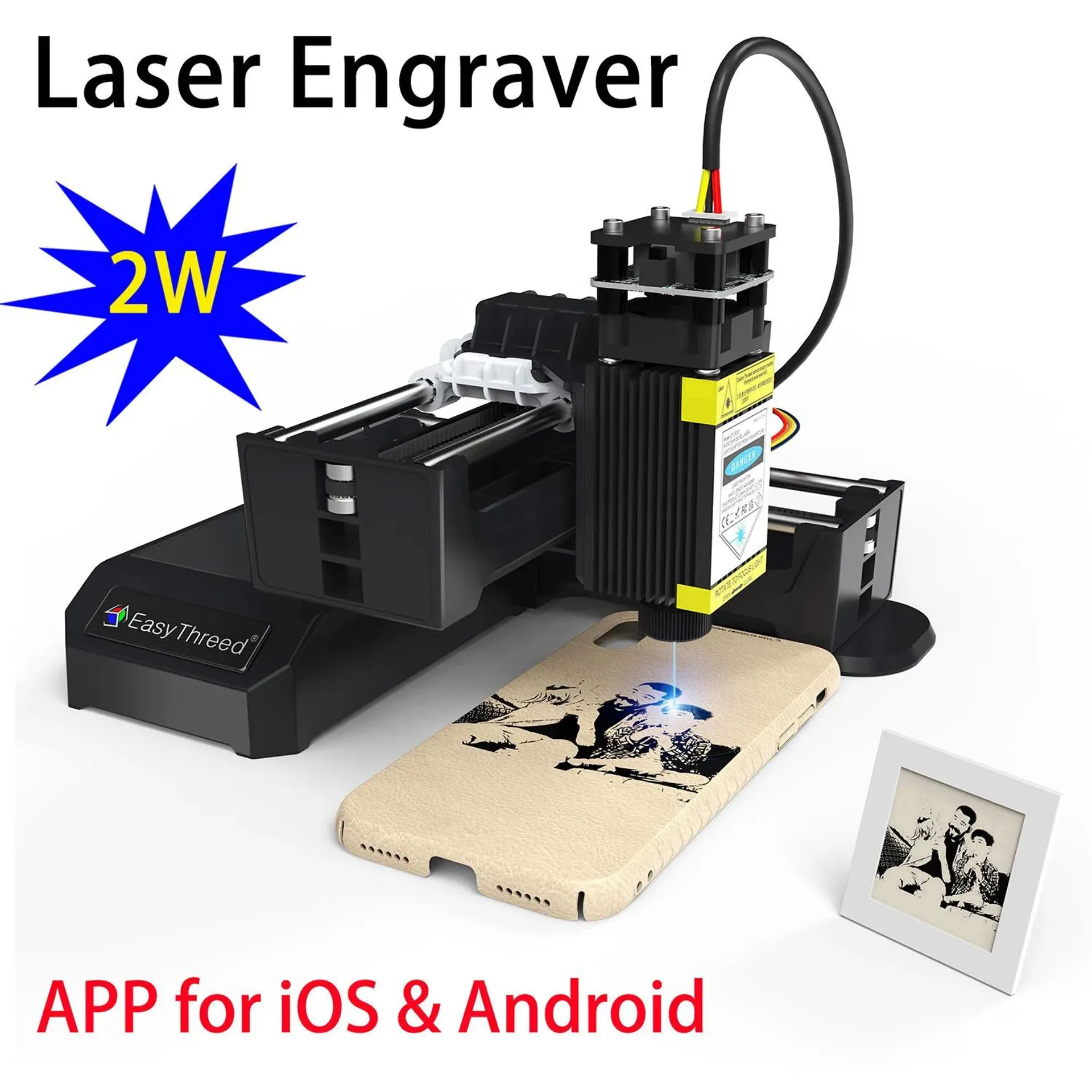 EasyThreed Laser Engraver 2W Entry Level Beginners Mobile APP Wireless Connectivity DIY Creative Engraving Area 100x100mm 3.94x