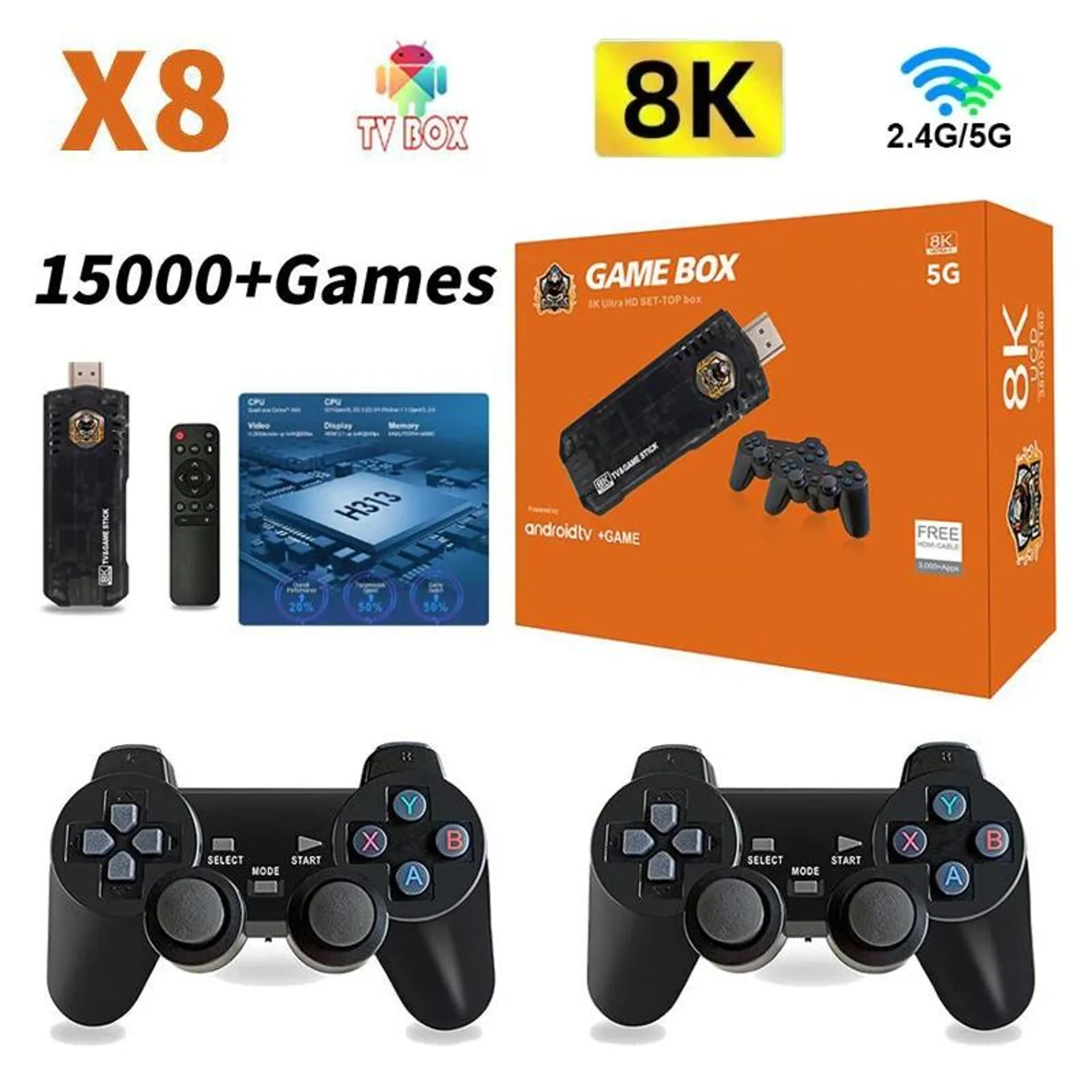 X8 Game Stick Android 11 WiFi 4G 5G HD 8K TV Box Dual System 2.4G Dual Wireless Controller Vintage Game GBA Game Stick