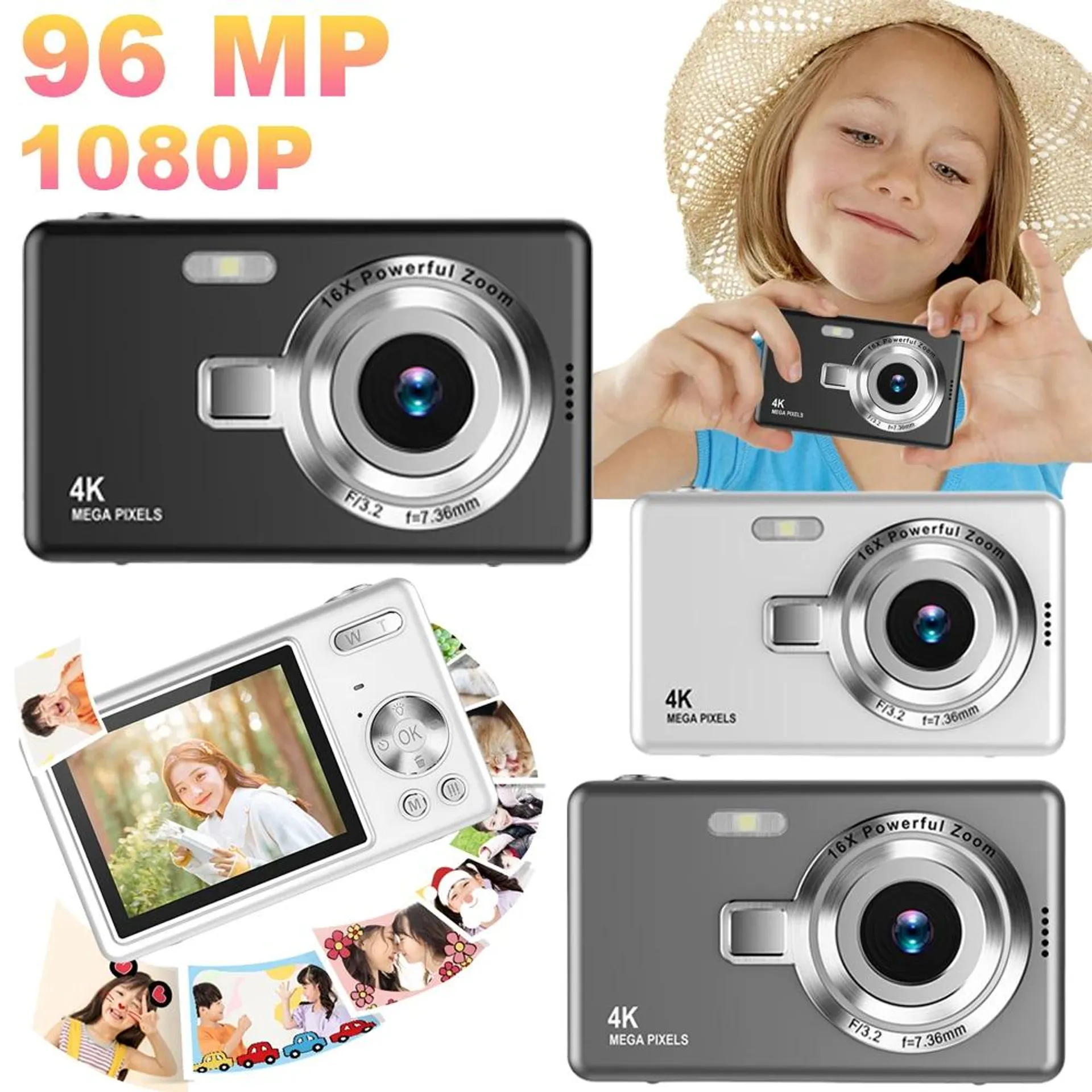 4K HD 1080P Video Camcorder 2.4 Inch IPS Screen Digital Camera 96MP Autofocus Vlogging Camera 16X Zoom for Kids Adults Beginners