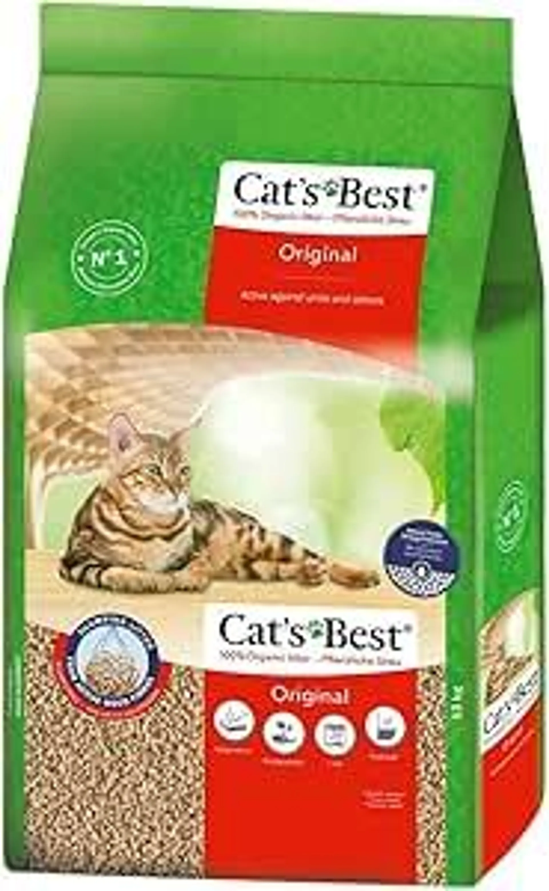 Cat's Best Original Katzenstreu, 100 % pflanzliche Katzen Klumpstreu mit maximaler Saugkraft – bekämpft Gerüche natürlich aktiv, 17,2 kg/40 l