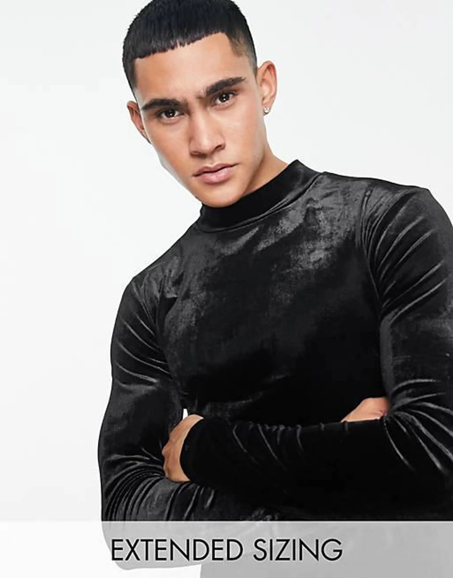 ASOS DESIGN muscle fit long sleeve t-shirt in black velour with turtleneck