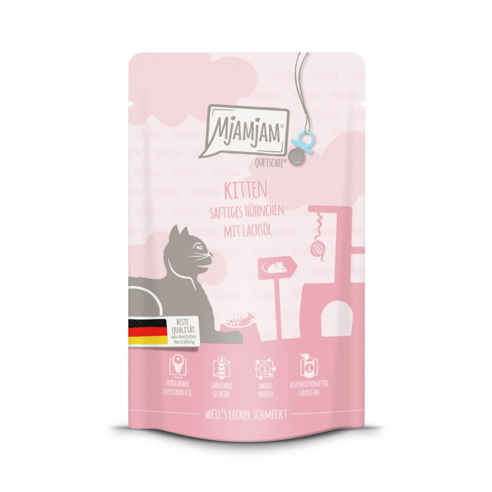 Mjamjam Quetschie Kitten Saftiges Hühnchen mit Lachsöl Katzen Nassfutter 125 g