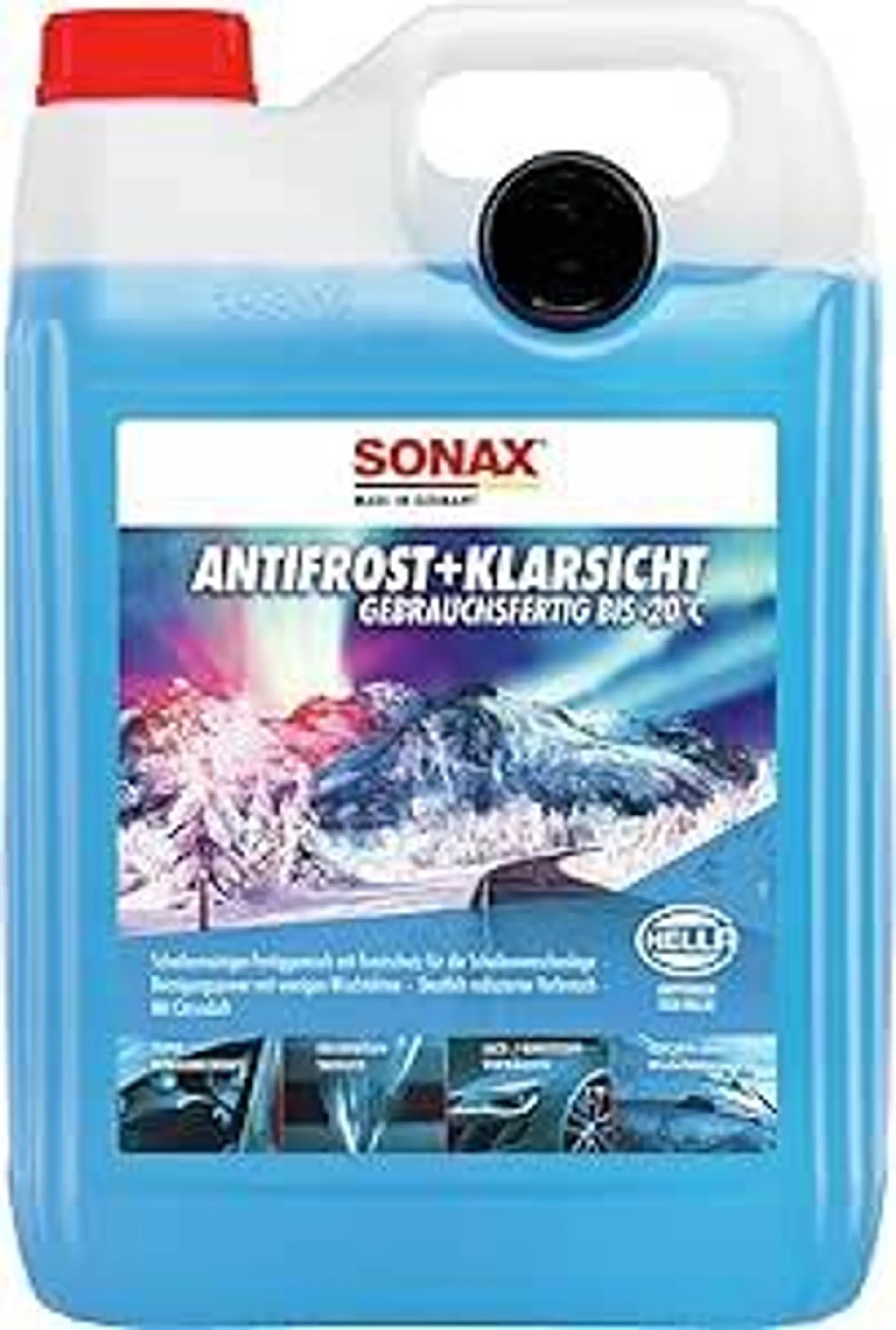 SONAX AntiFrost+KlarSicht Gebrauchsfertig bis -20°C (5 Liter) 1 Stück Scheibenwaschanlagen-Frostschutz sorgt für klare Sicht, Art-Nr. 03325000