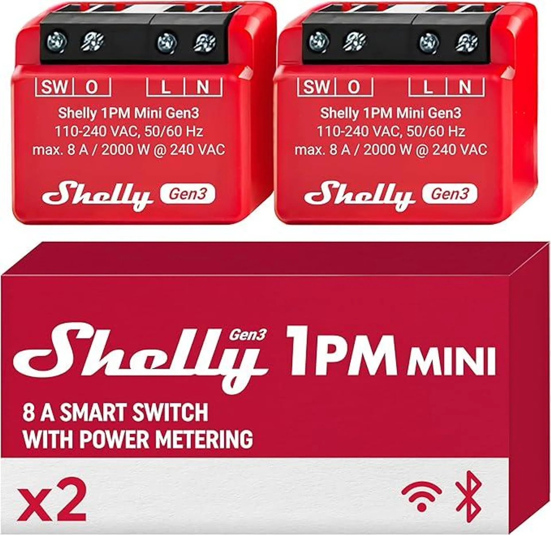 Shelly 1PM Mini Gen3 | WLAN & Bluetooth Smart Relais Schalter, 1 Kanal 8A mit Strommessung | Unterputz Lichtschalter | Alexa und Google Home | iOS-Android-App | Kein Hub erforderlich (2er-Pack)