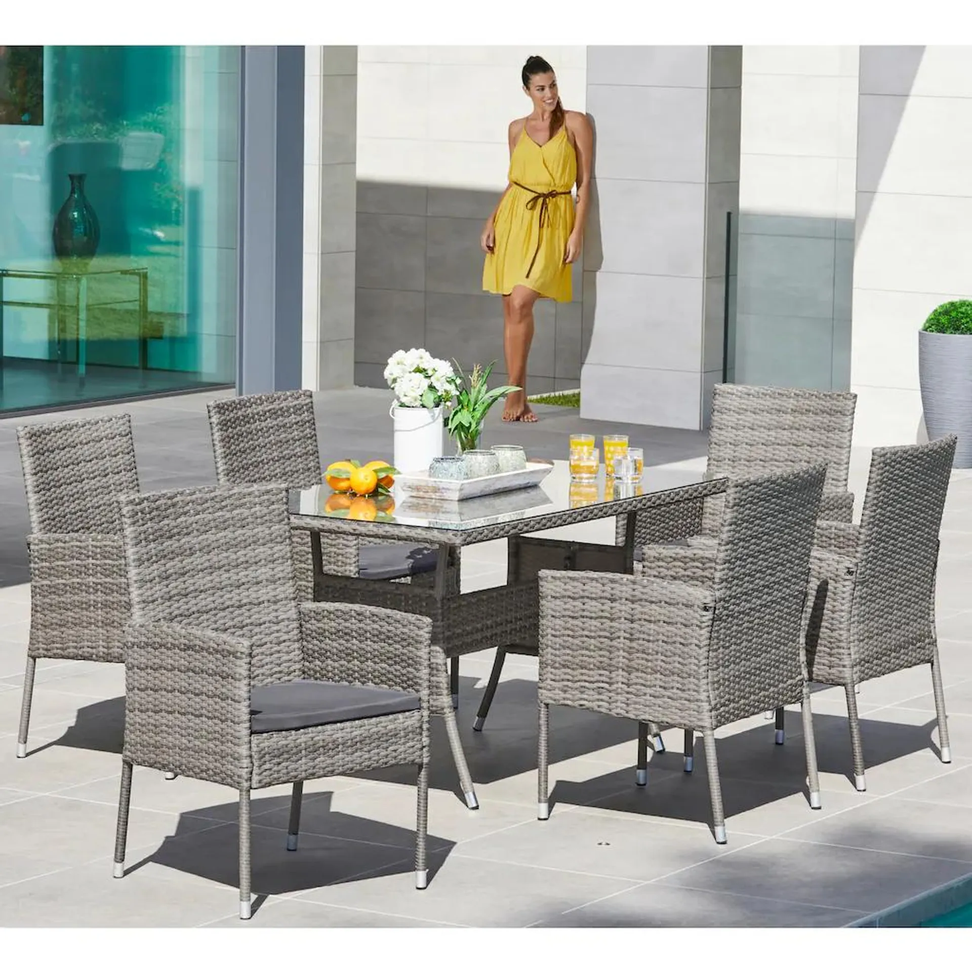 MERXX Garten-Essgruppe »Costa Rica«, (13 tlg., 6x Sessel, 1x Tisch 140x80 cm, inkl. Sitzkissen), Polyrattan, Tischplatte aus Sicherheitsglas, Unser Dauertiefpreis