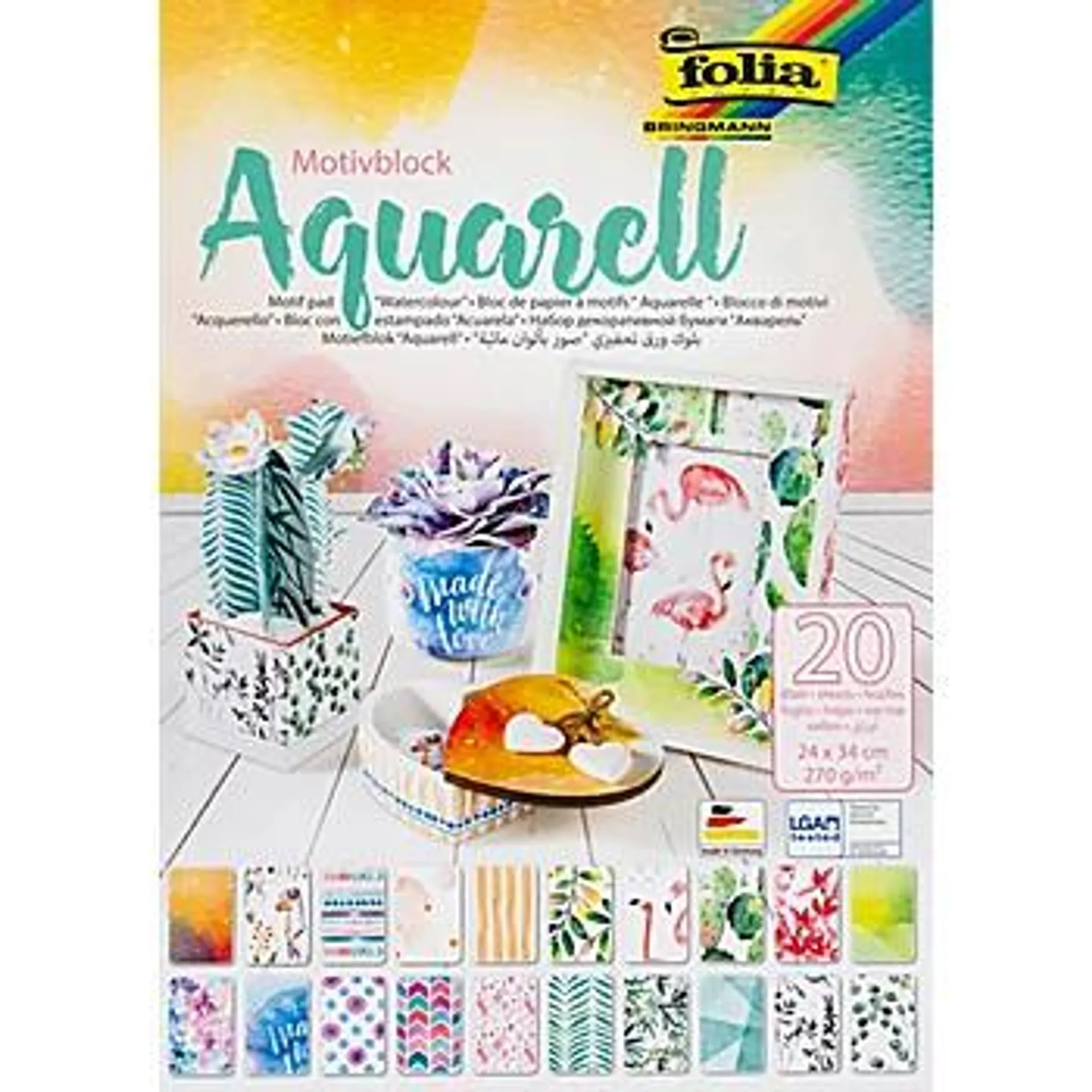 folia Papierblock "Aquarell", 24 x 34 cm, 20 Blatt