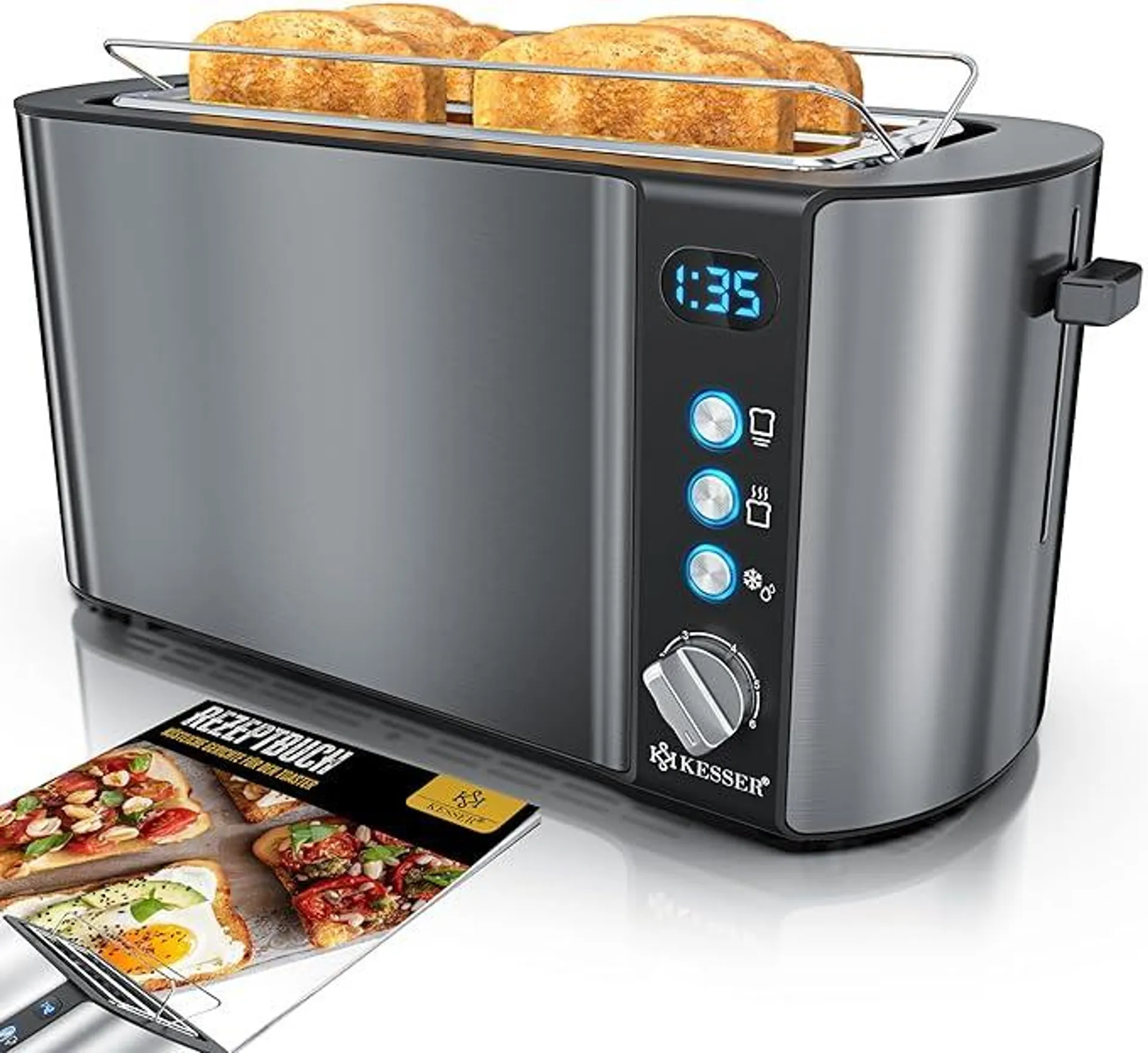 KESSER® Toaster mit Brötchenaufsatz, Automatik-Langschlitztoaster mit 6 Bräunungsstufen + Auftau- & Aufwärmefunktion, Abschaltautomatik, Liftfunktion, inkl. Krümelblech und Rezeptbuch Anthrazit