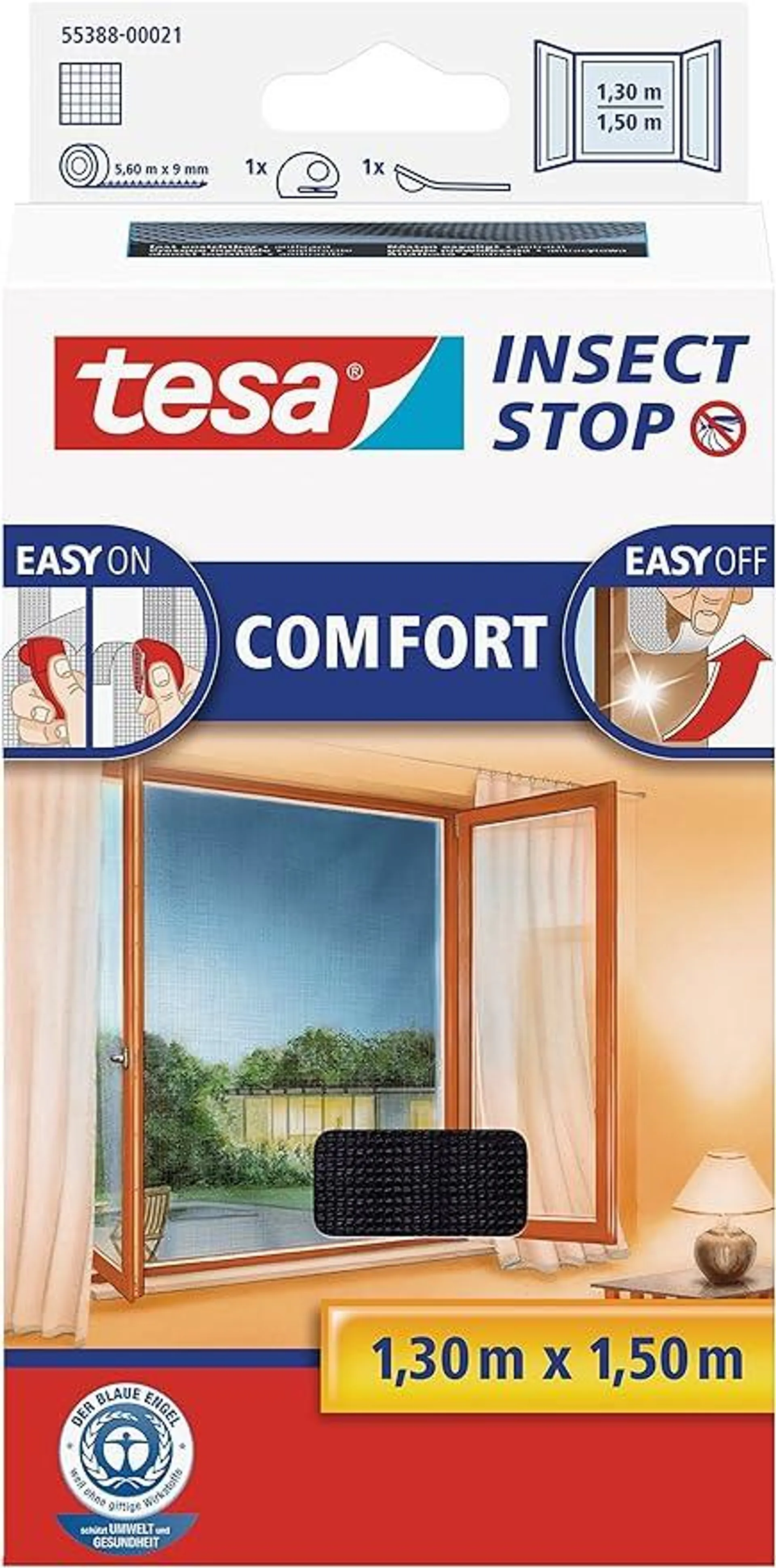 tesa Insect Stop COMFORT Fliegengitter für Fenster - Insektenschutz mit Klettband selbstklebend - Fliegen Netz ohne Bohren - anthrazit (durchsichtig), 130 cm x 150 cm