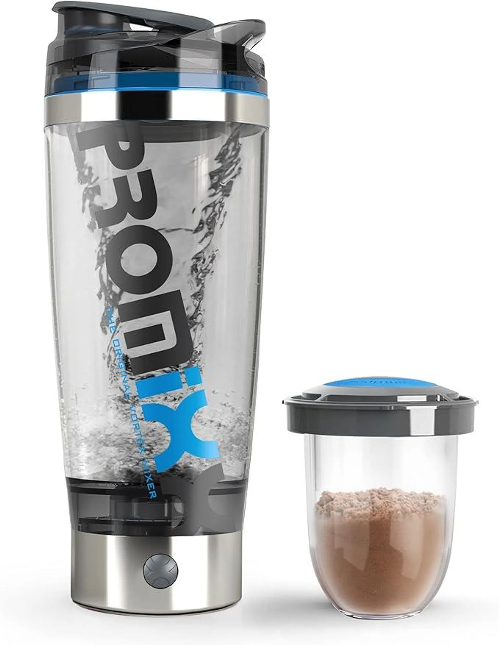 Promixx Pro Shaker-Flasche (iX-R Auflage), wiederaufladbar, leistungsstark für glatte Protein-Shakes, inklusive Supplement-Aufbewahrung, BPA-frei, 600 ml, Edelstahl, Becher (Silberblau/Grau)