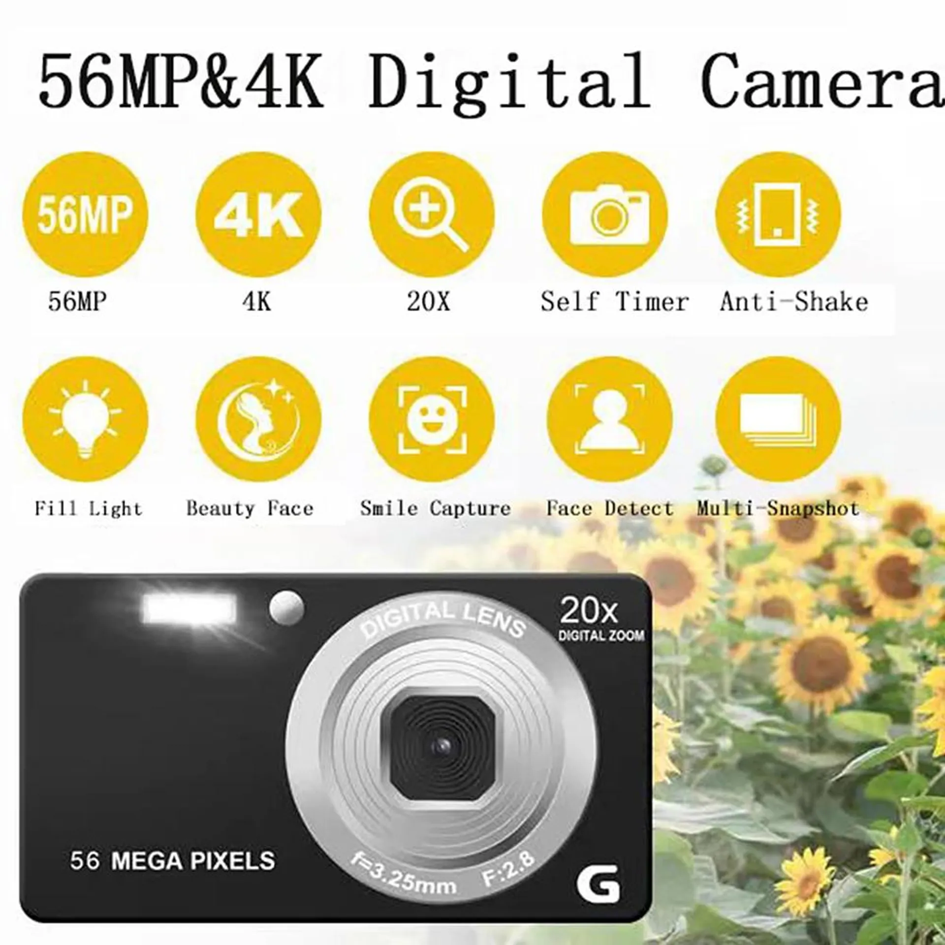 Self Timer Video Camera 2.7 Inch LCD Digital Camera 4K 56MP 56 Million Pixel Anti-Shake 20x Zoom for Photography and Video