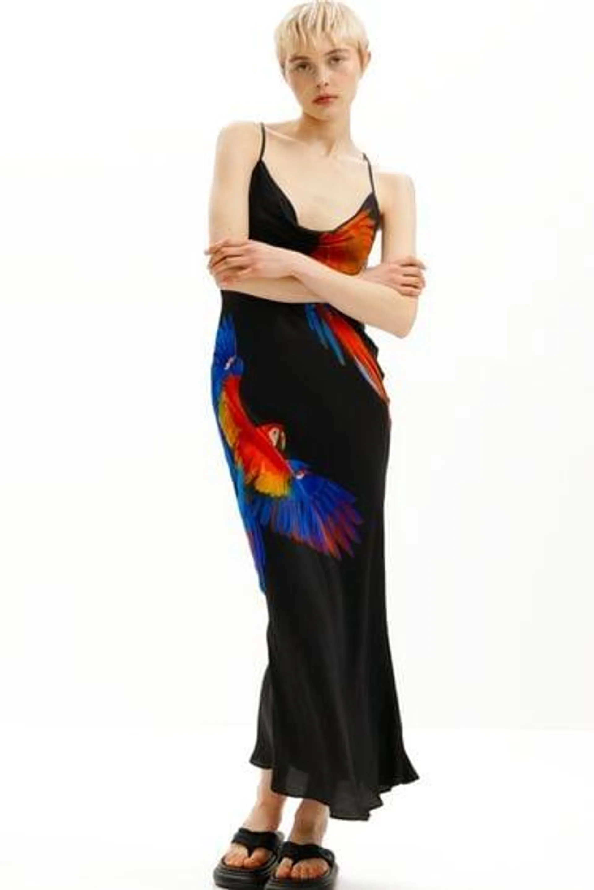 Tyler McGillivary Tropical parrot satin strappy dress