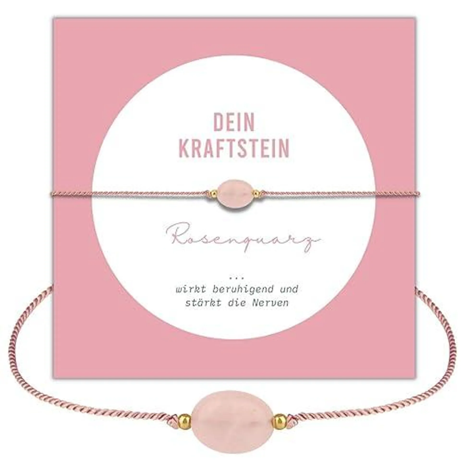 happymaker - Rosenquarz Armband Damen, handgemacht in Deutschland, Edelstein Armband rosa mit vergoldeten Perlen, Geschenkverpackung als Kraftgeber Geschenk für Frauen und Mädchen