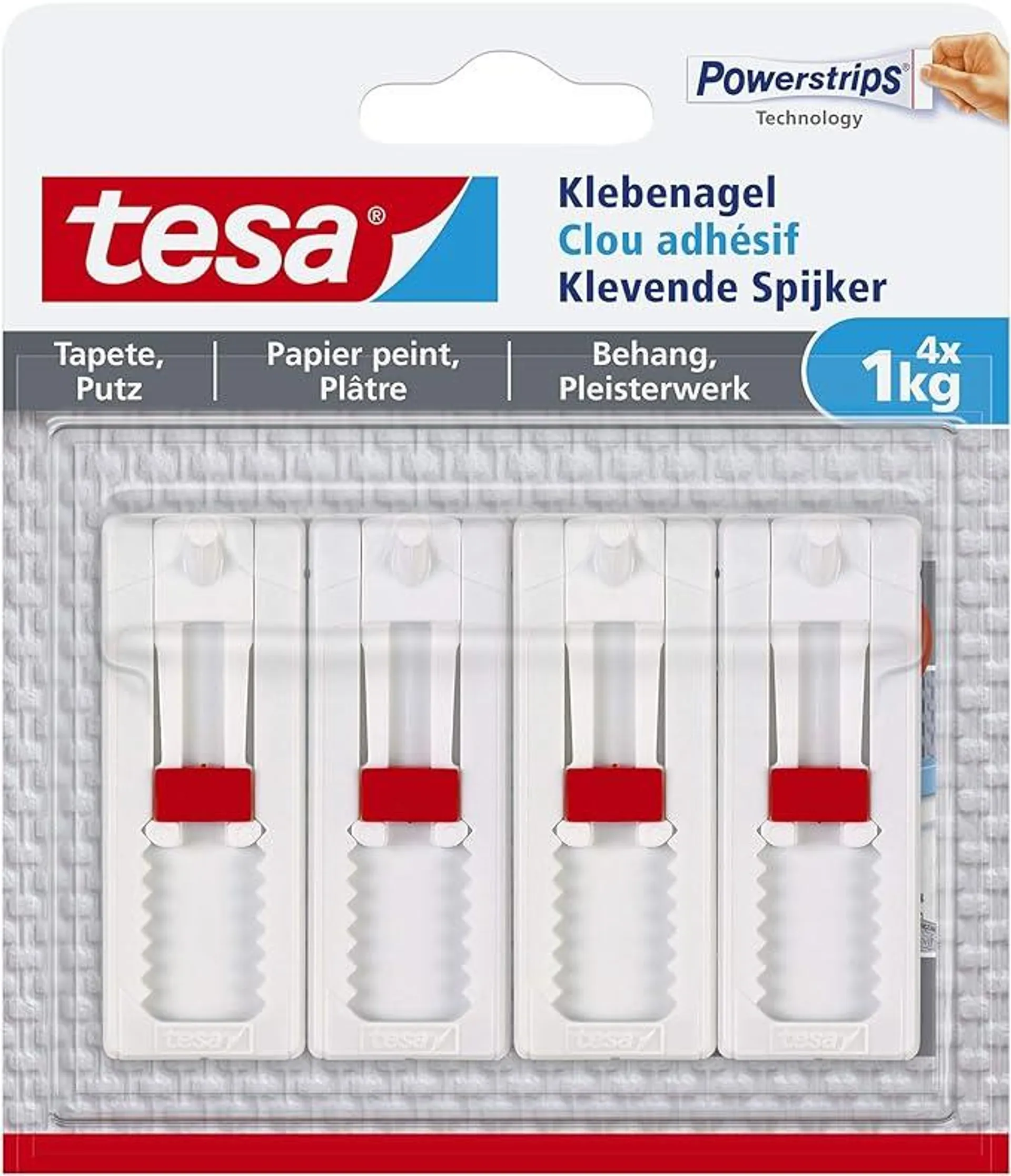 tesa Verstellbarer Klebenagel (für Tapeten und Putz 1 kg, Höhenverstellbarer, selbstklebender Wandnagel, bis zu 1 kg Halteleistung pro Nagel) 4er Pack