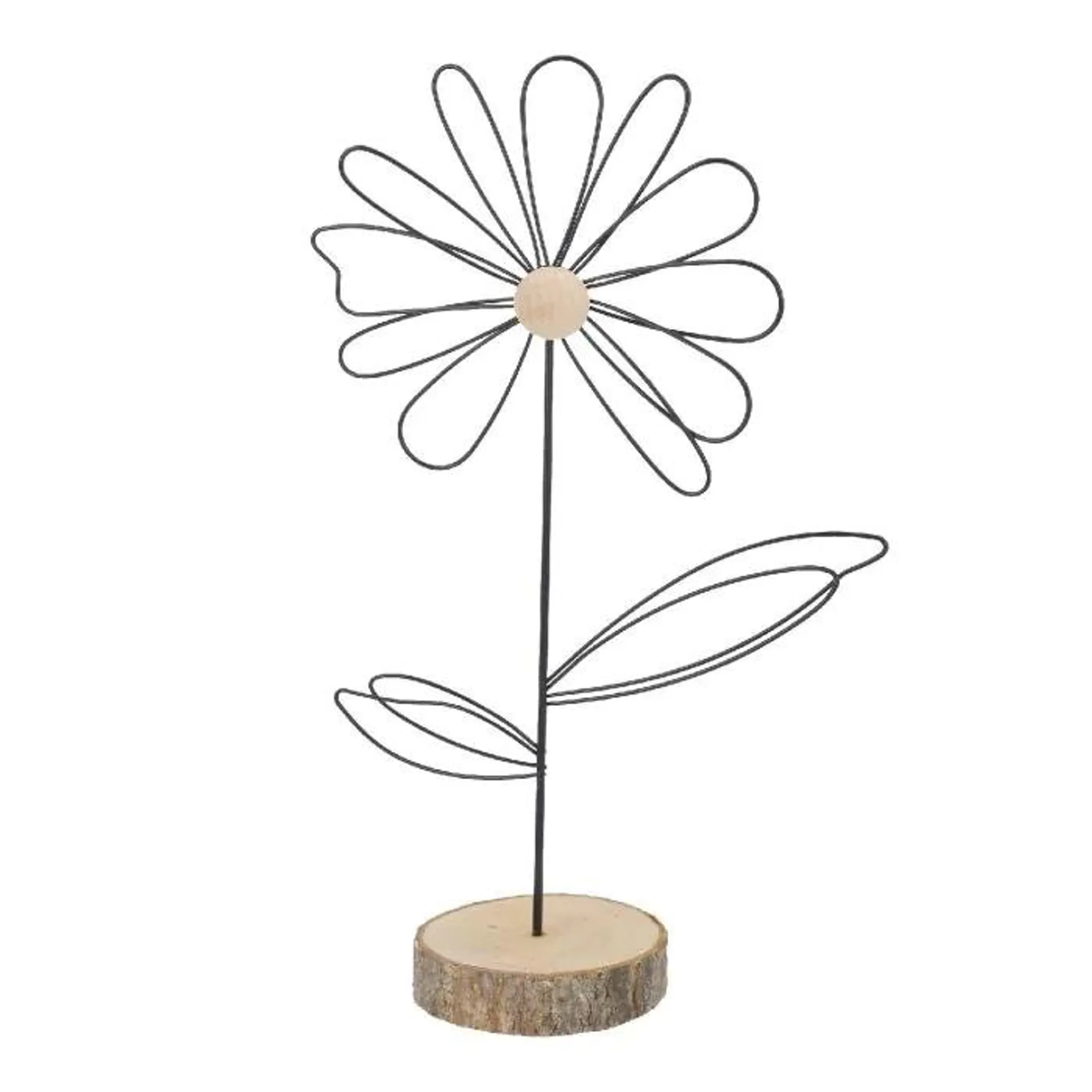 Metall-Blume auf Holzfuß, schwarz/natur, 32 cm