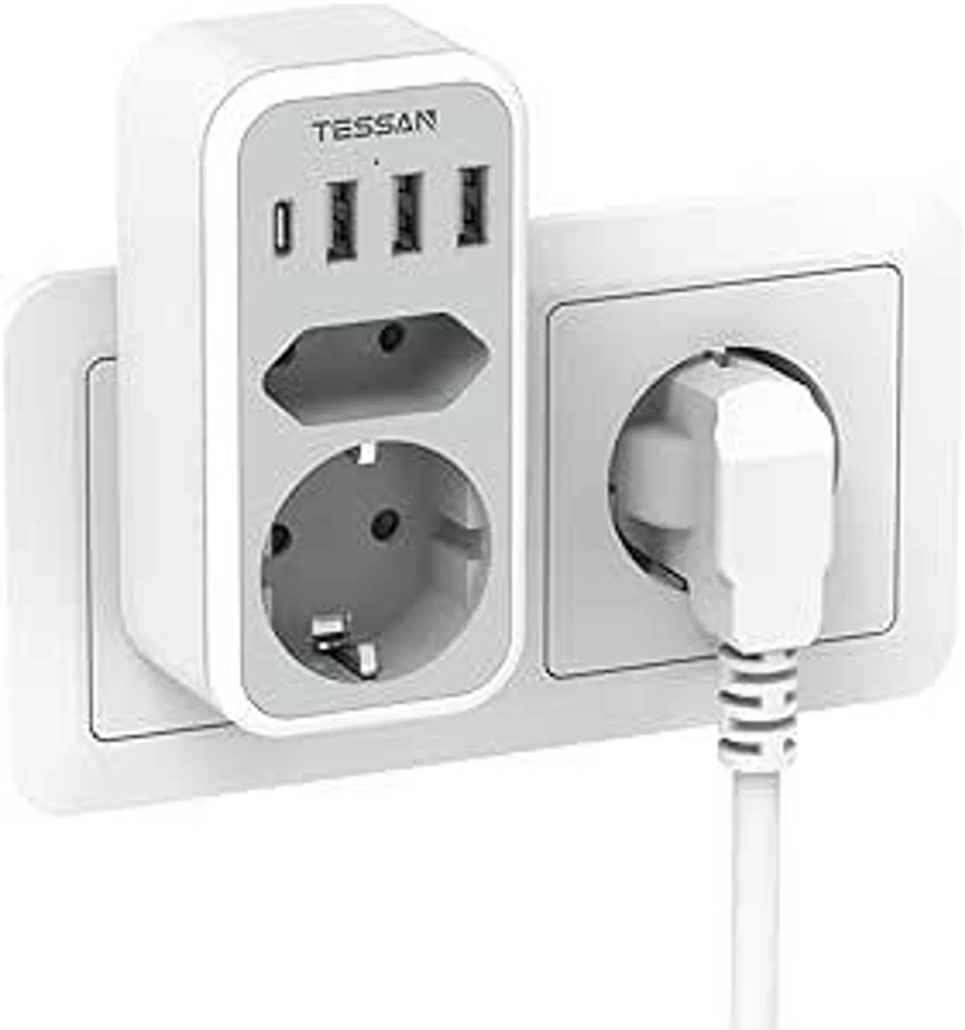 TESSAN Doppelstecker für USB Steckdose, Mehrfachsteckdose mit 4 USB Netzstecker, Steckdosenadapter 2Fach Stecker mit USB, Mehrfachstecker für Steckdose und USB C Adapter, Netzteil USB C Steckdosen