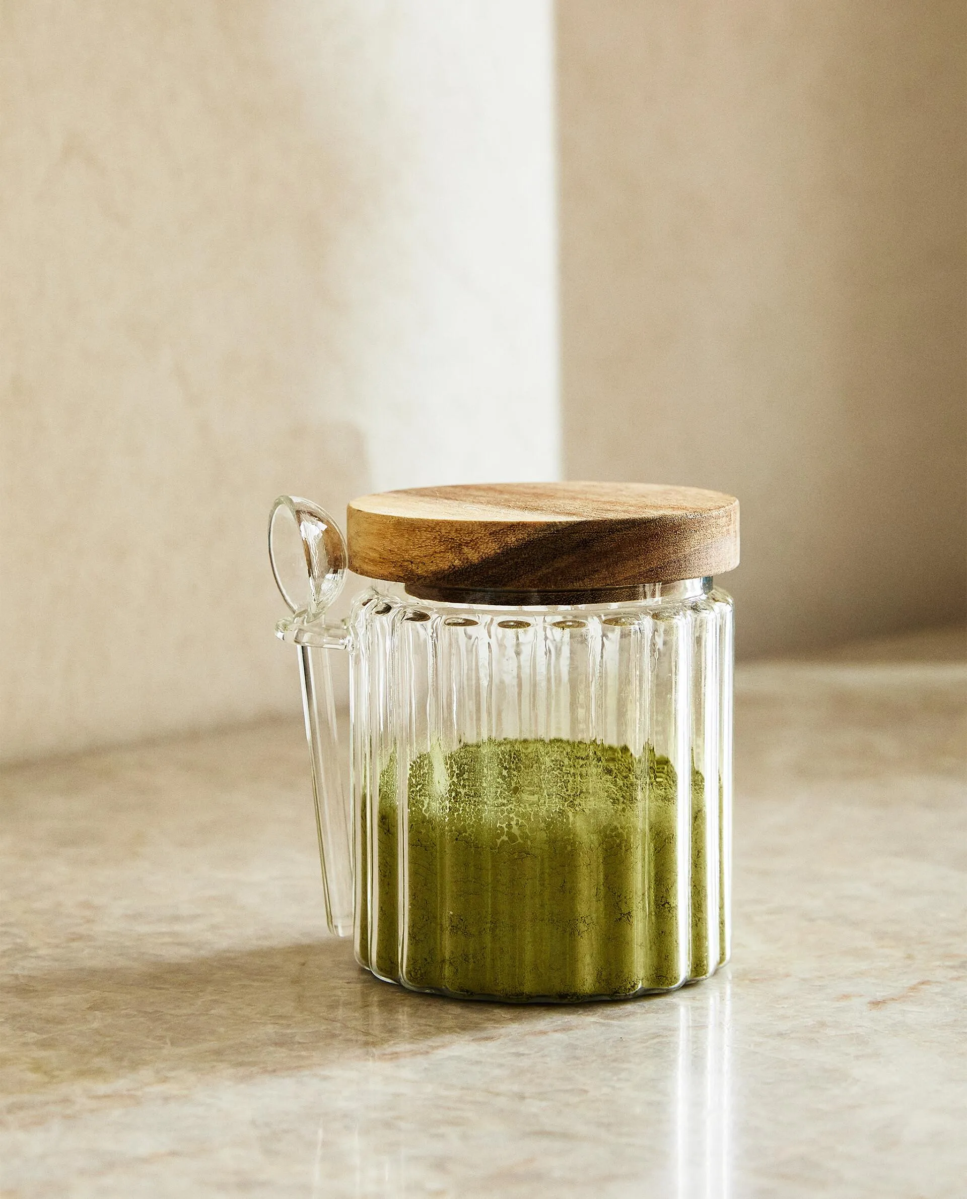 BOROSILICATE GLASS AND WOOD SUGAR BOWL