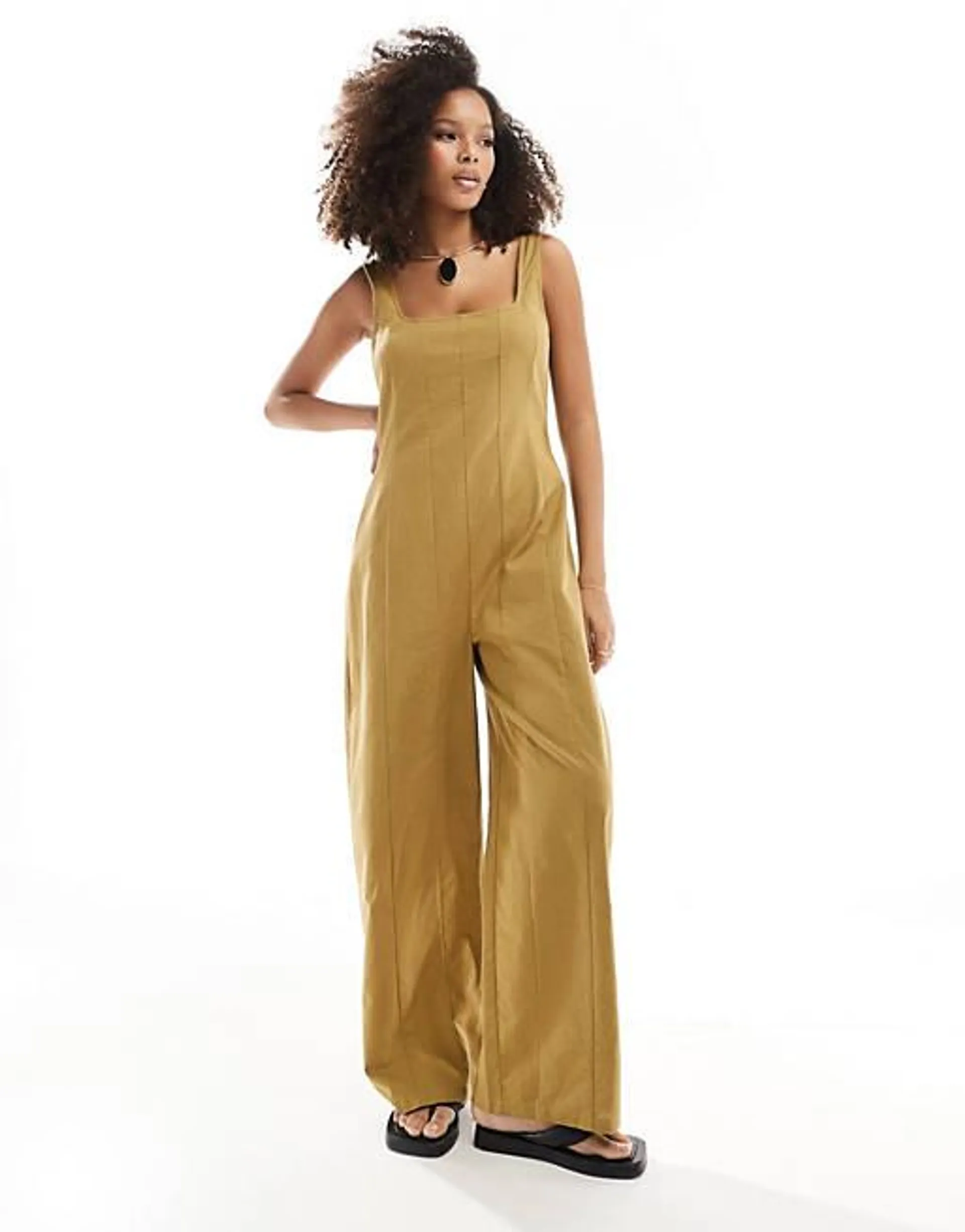 ASOS DESIGN square neck tennis jumpsuit in khaki