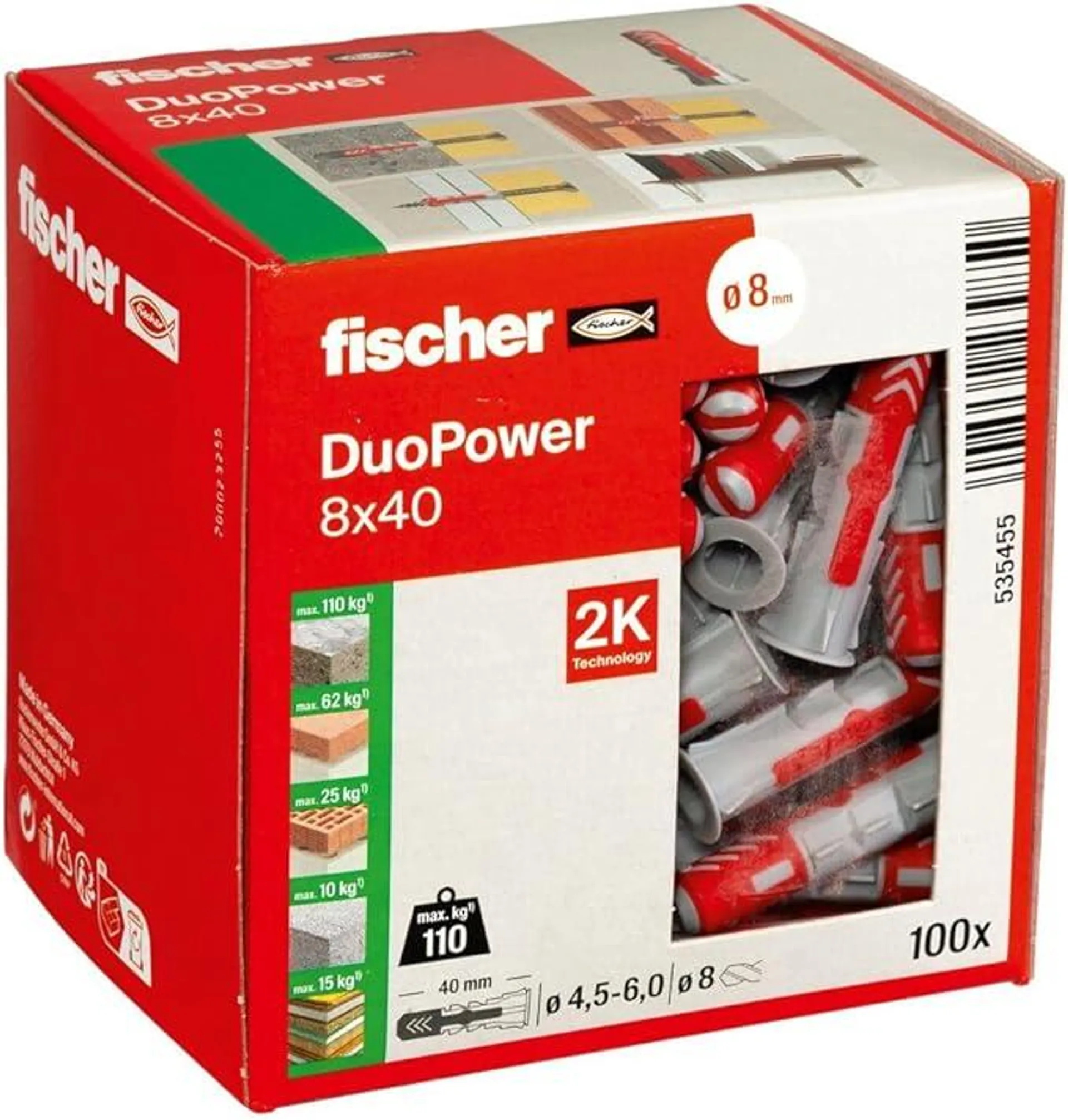 fischer DuoPower 8 x 40, Universaldübel, leistungsstarker 2-Komponenten-Dübel, Kunststoffdübel zur Befestigung in Beton, Ziegeln, Stein, Gipsbauplatten uvm., ohne Schrauben, 100 Stück