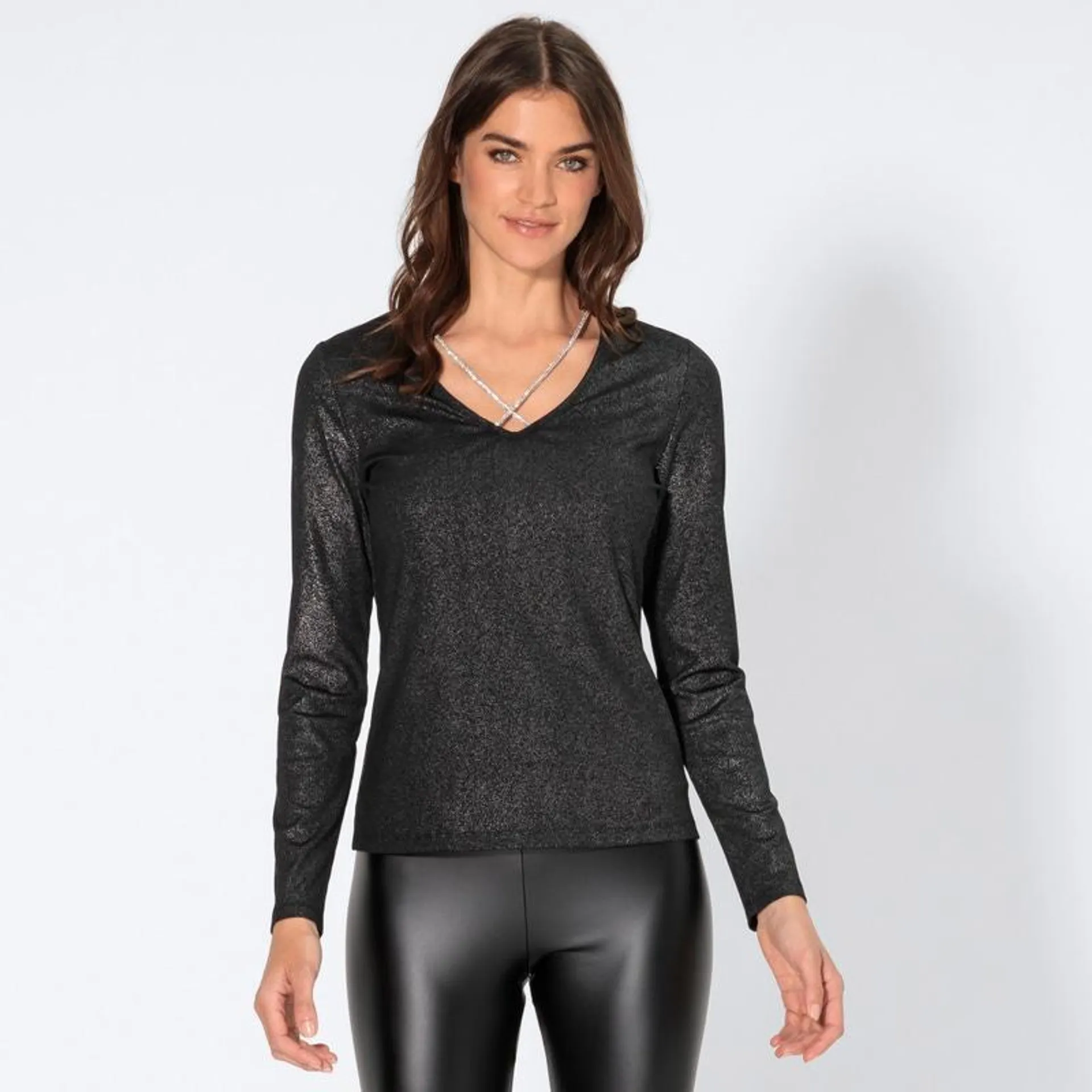 Damen-Langarmshirt mit Glitzersteinkette