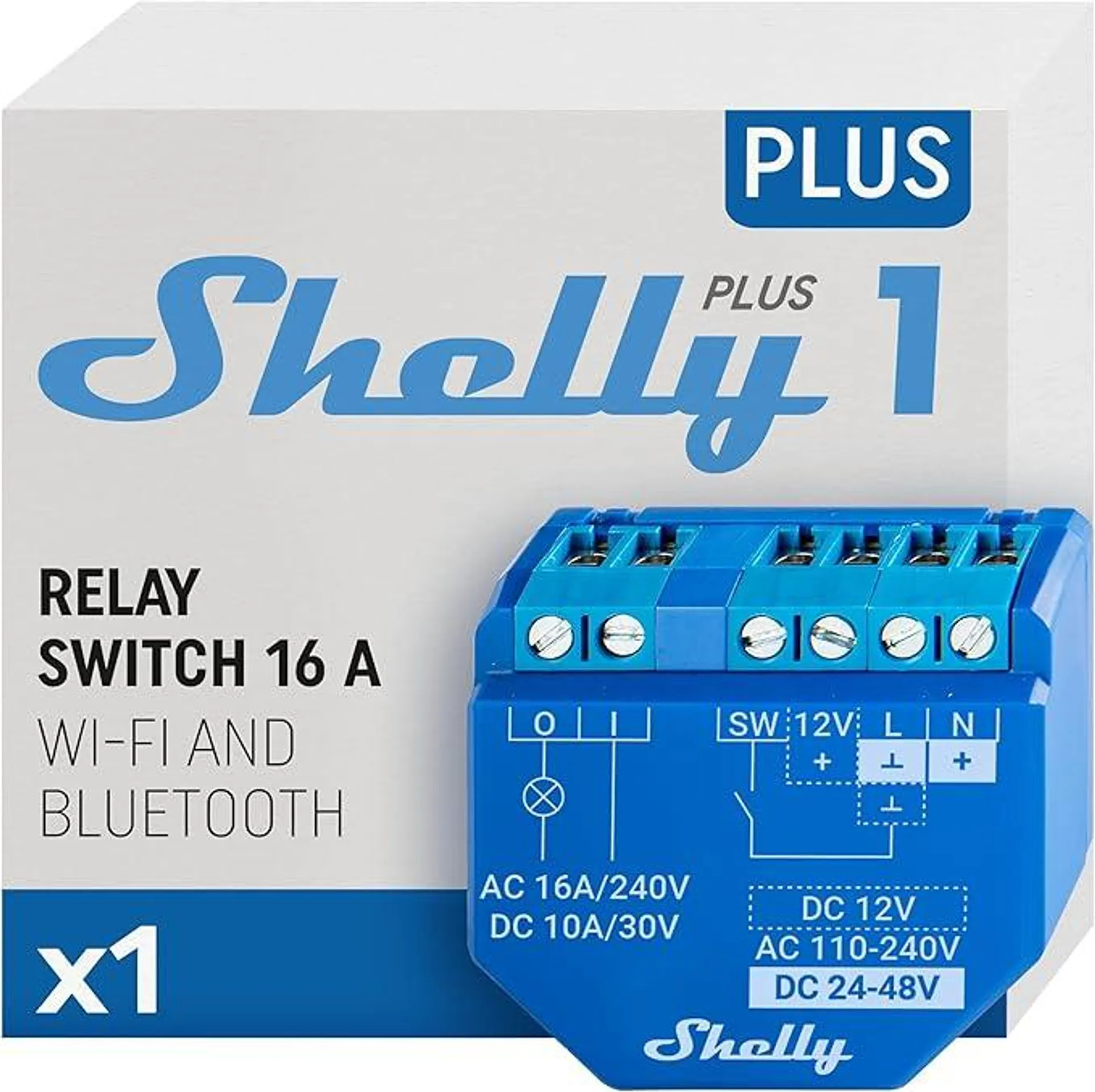 Shelly Plus 1 | Wlan & Bluetooth Smart Relais Schalter - 16A | Trockenkontakt | Lichtschalter | Hausautomation | Kompatibel mit Alexa & Google Home | iOS Android App | Kein Hub erforderlich