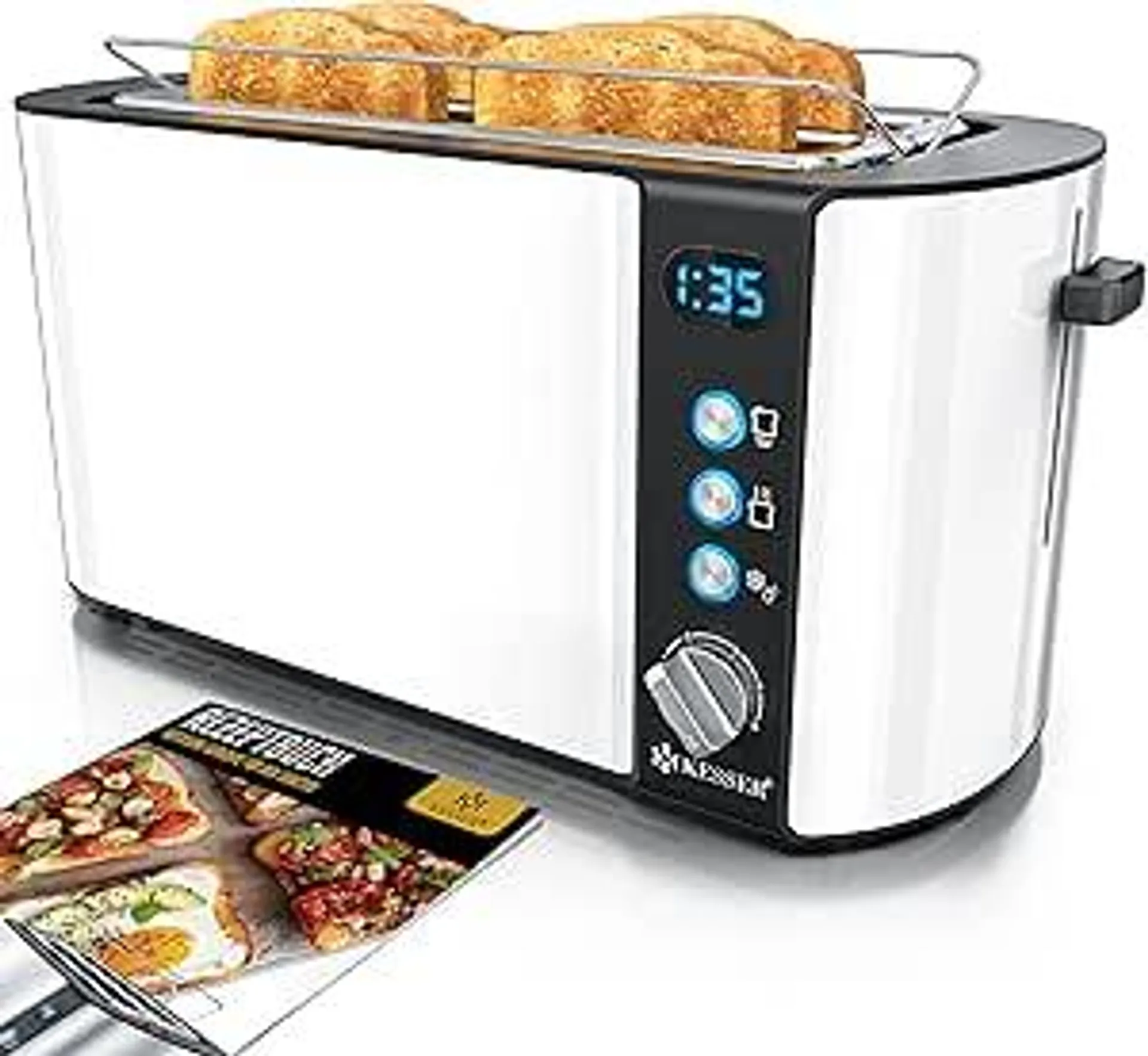 KESSER® Toaster mit Brötchenaufsatz, Automatik-Langschlitztoaster mit 6 Bräunungsstufen + Auftau- & Aufwärmefunktion, Abschaltautomatik, Liftfunktion, inkl. Krümelblech und Rezeptbuch Weiß