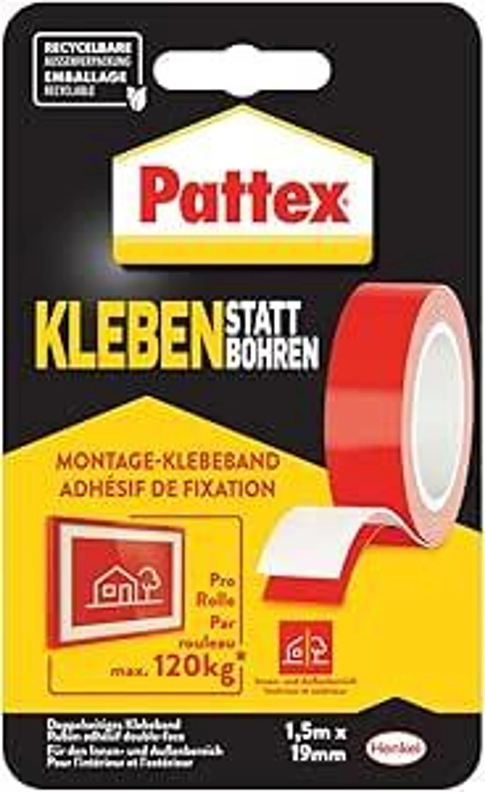 Pattex Kleben statt Bohren Klebeband, extra starkes doppelseitiges Klebeband, Doppelklebeband für Montagearbeiten innen & außen, Wandbefestigung ohne Bohren, 19mm x 1,5m