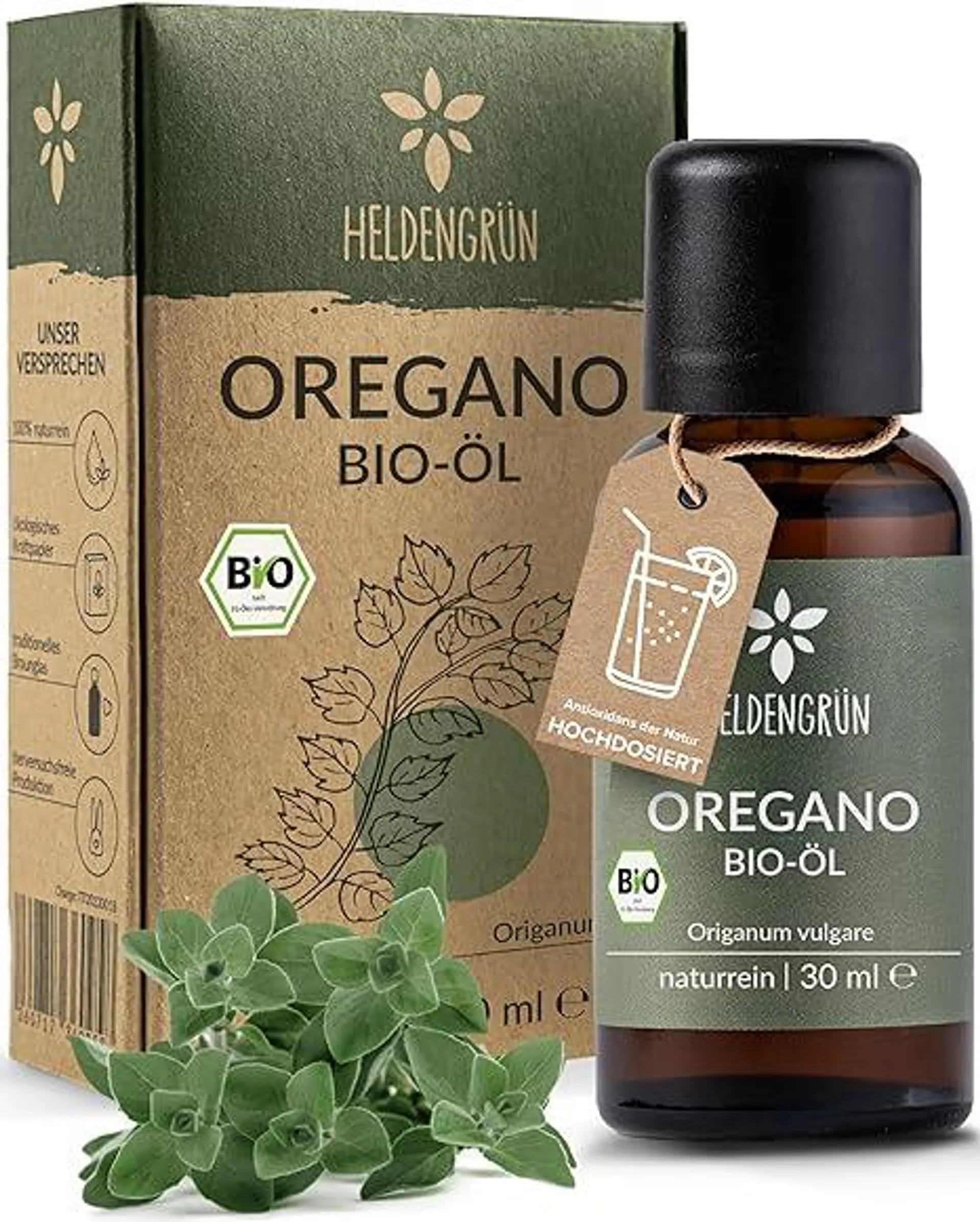 Heldengrün® BIO Oregano Öl [HOCHDOSIERT] mit +82% Carvacrol - Zertifiziertes Lebensmittel zum Einnehmen - Oreganoöl Bio aus Griechenland - Oregano Oil