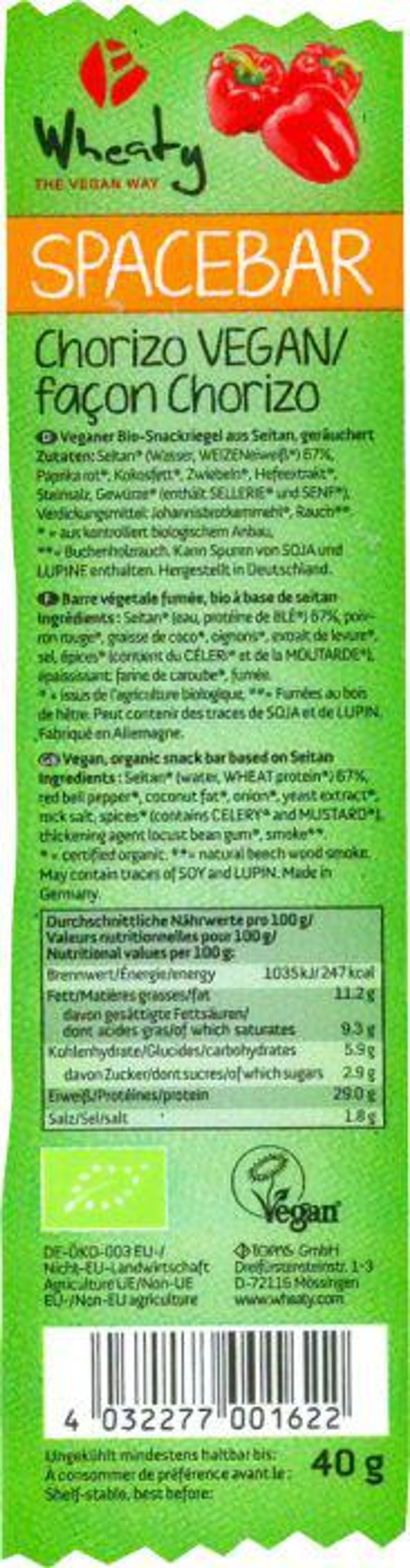 Wheaty Wheaty Spacebar Chorizo VEGAN/ façon Chorizo 40g