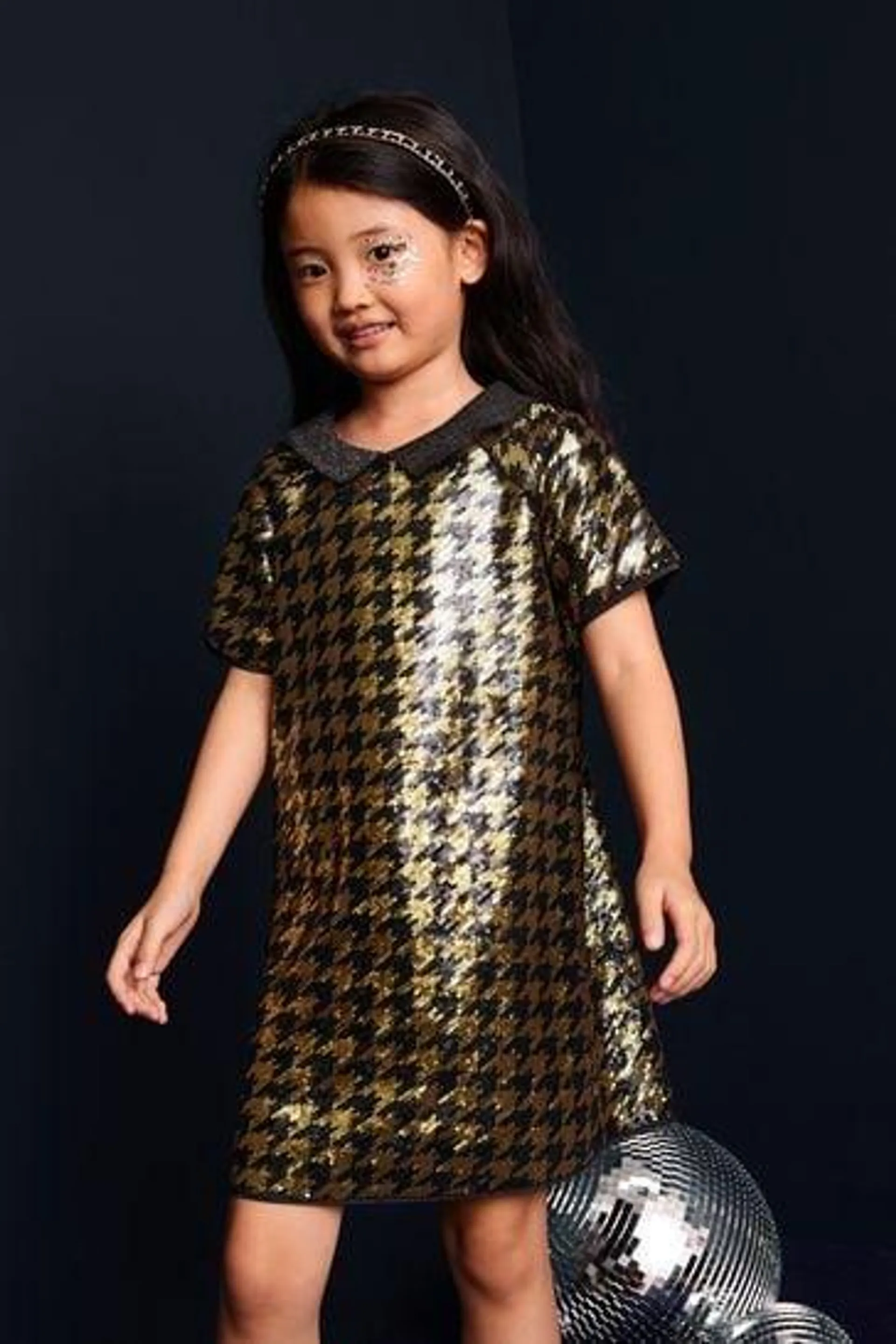 Schwarz/Gold - Kariertes Kleid mit Pailletten (3–16 Jahre)