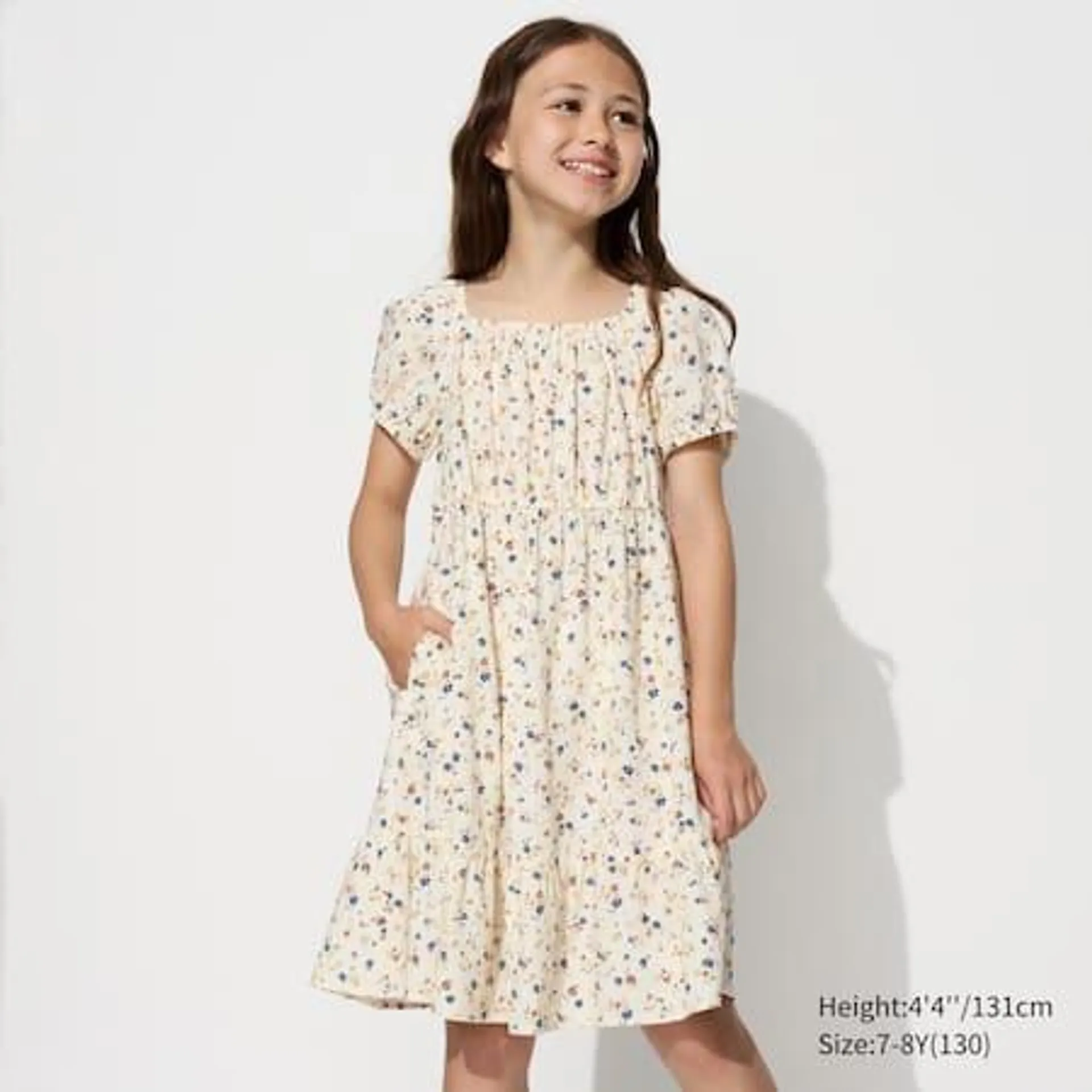 Girls Shirring Printed Dress