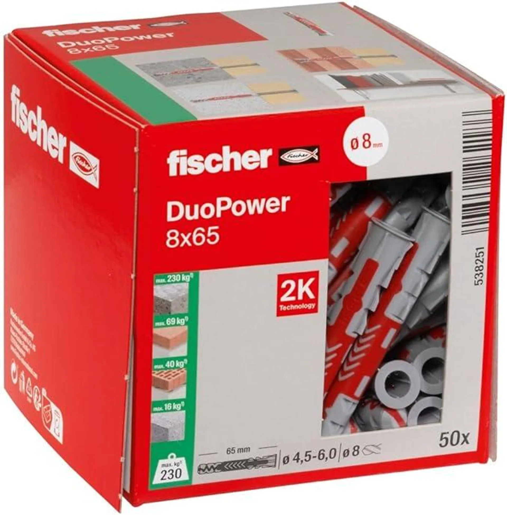 fischer DuoPower 8 x 65, Universaldübel, leistungsstarker 2-Komponenten-Dübel, Kunststoffdübel zur Befestigung in Beton, Ziegeln, Stein, Gipsbauplatten uvm., ohne Schrauben, 50 Stück